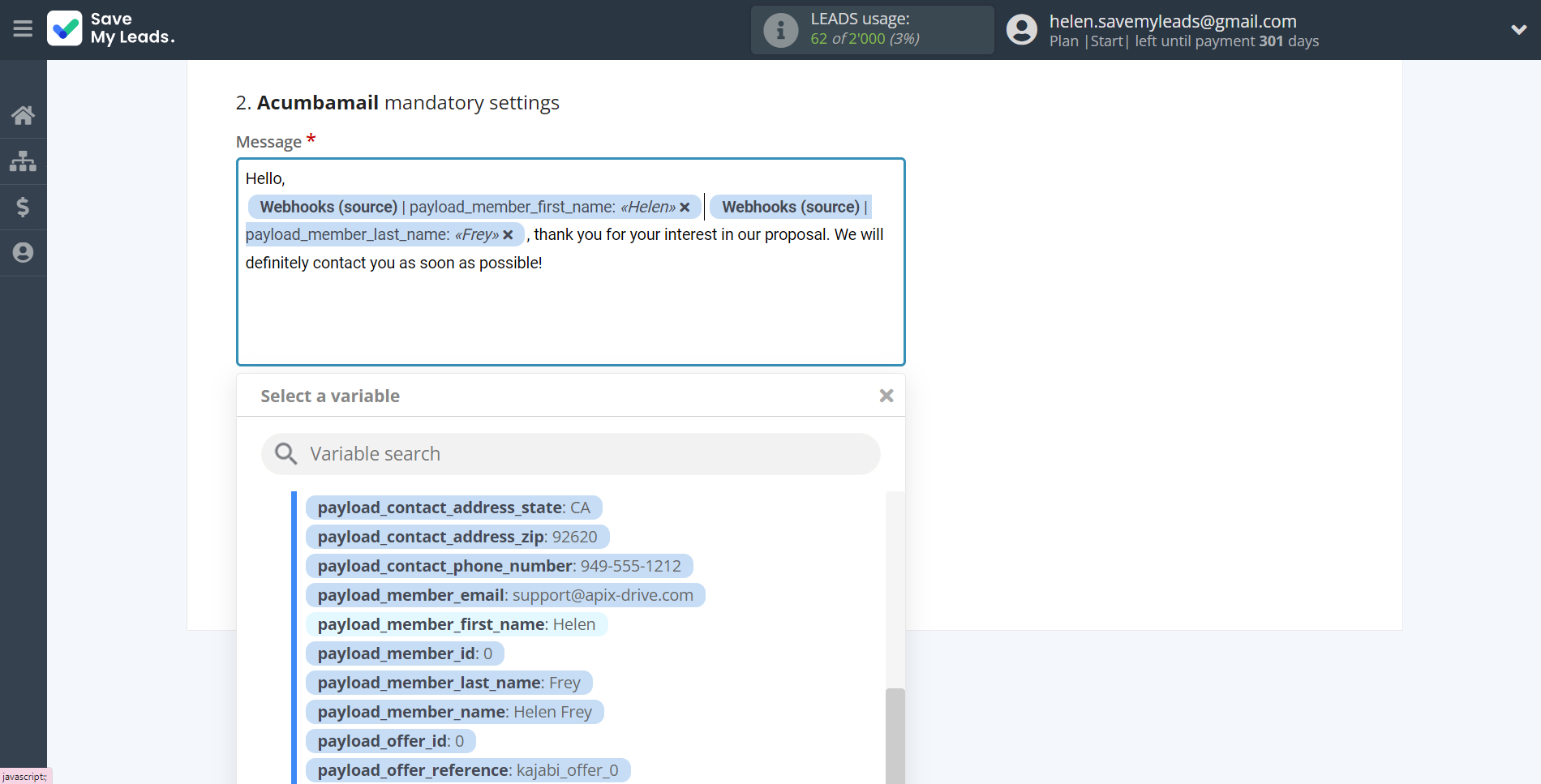 How to Connect Webhooks with Acumbamail Send SMS | Assigning fields How to Connect Webhooks with Acumbamail Send SMS | Assigning fields