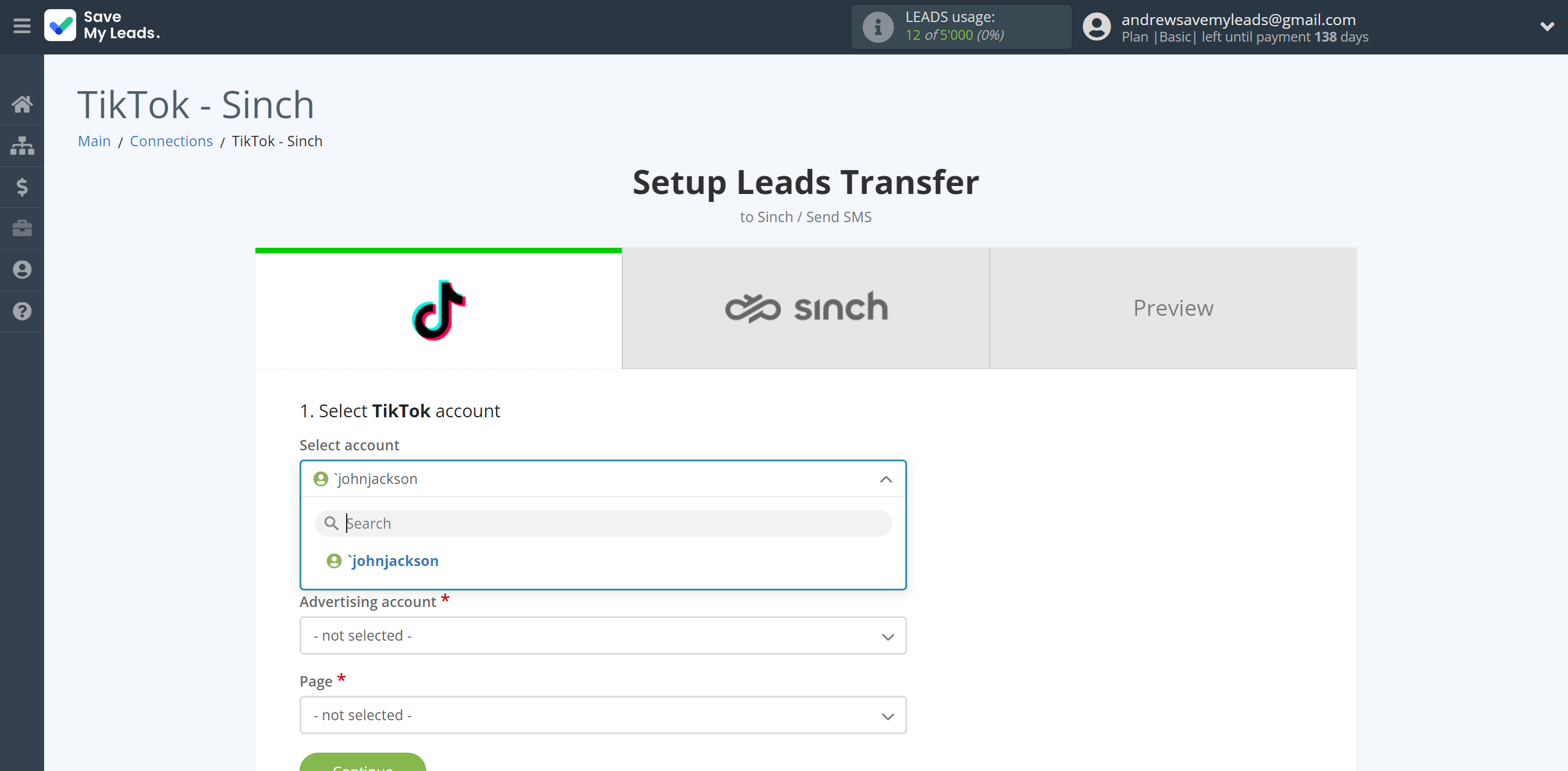 How to Connect TikTok with Sinch | Data Source account selection How to Connect TikTok with Sinch | Data Source account selection