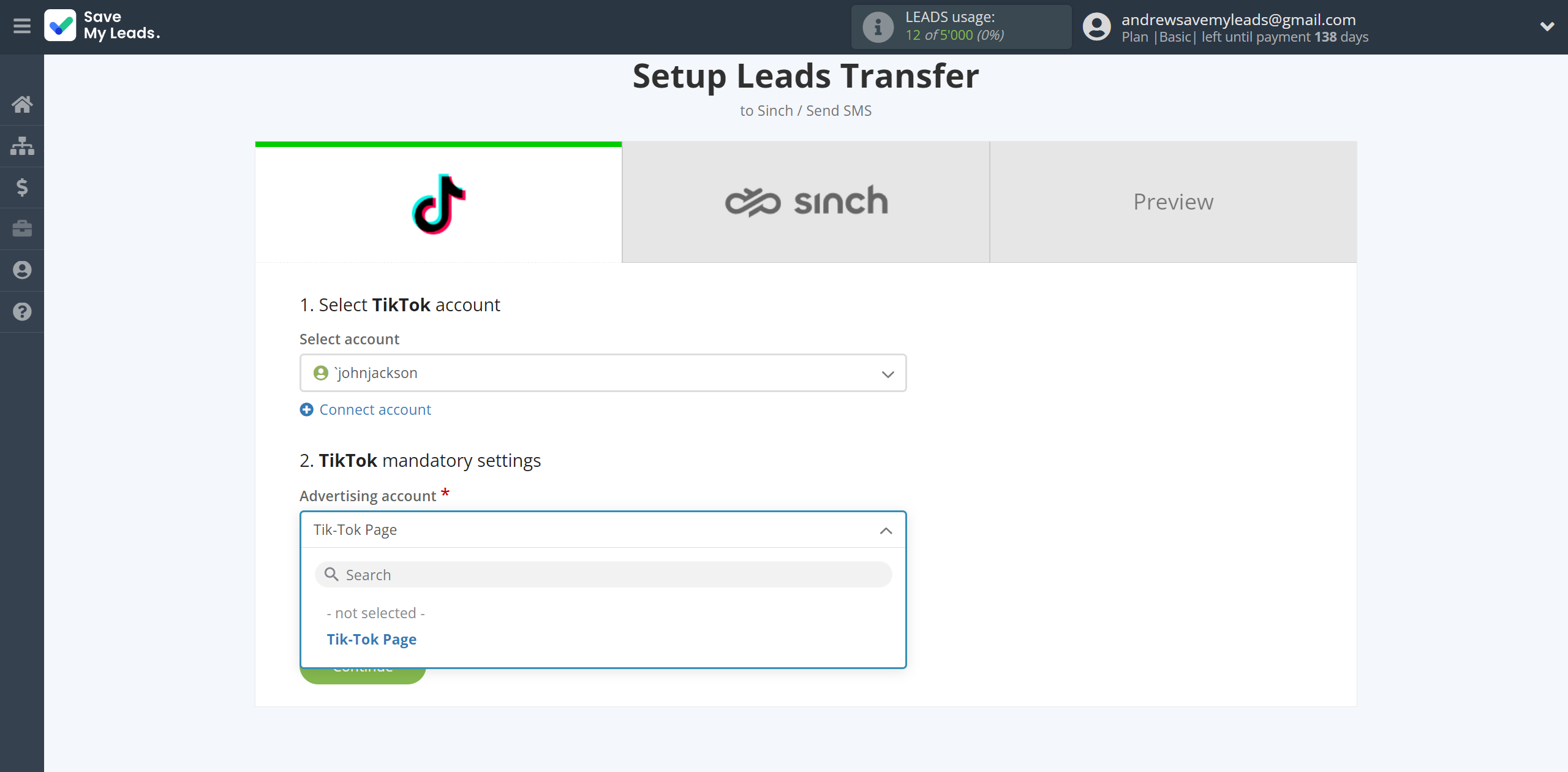 How to Connect TikTok with Sinch | Data Source account connection How to Connect TikTok with Sinch | Data Source account connection