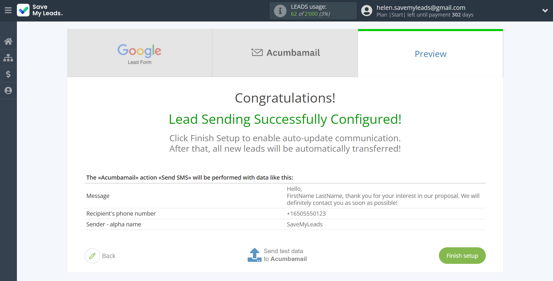 How to Connect Google Lead Form with Acumbamail Send SMS | Test data How to Connect Google Lead Form with Acumbamail Send SMS | Test data