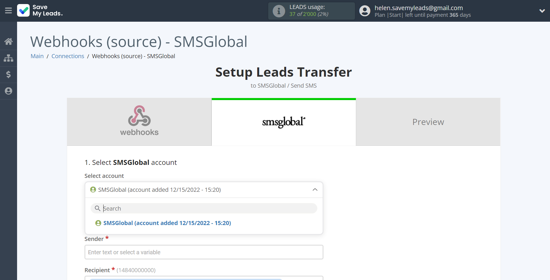 How to Connect Webhooks with SMSGlobal | Data Destination account selection How to Connect Webhooks with SMSGlobal | Data Destination account selection