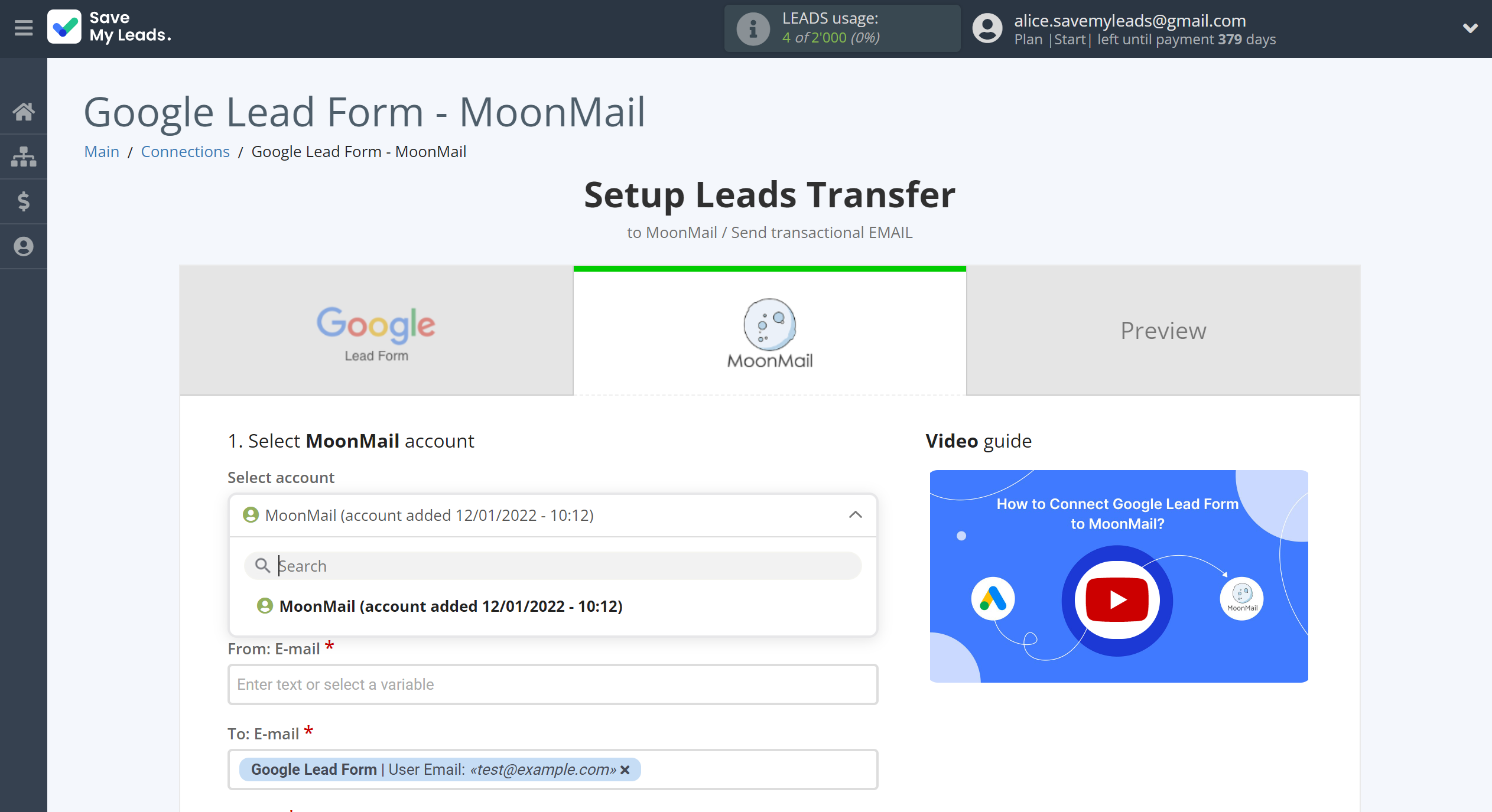 How to Connect Google Lead Form with MoonMail | Data Destination account selection How to Connect Google Lead Form with MoonMail | Data Destination account selection