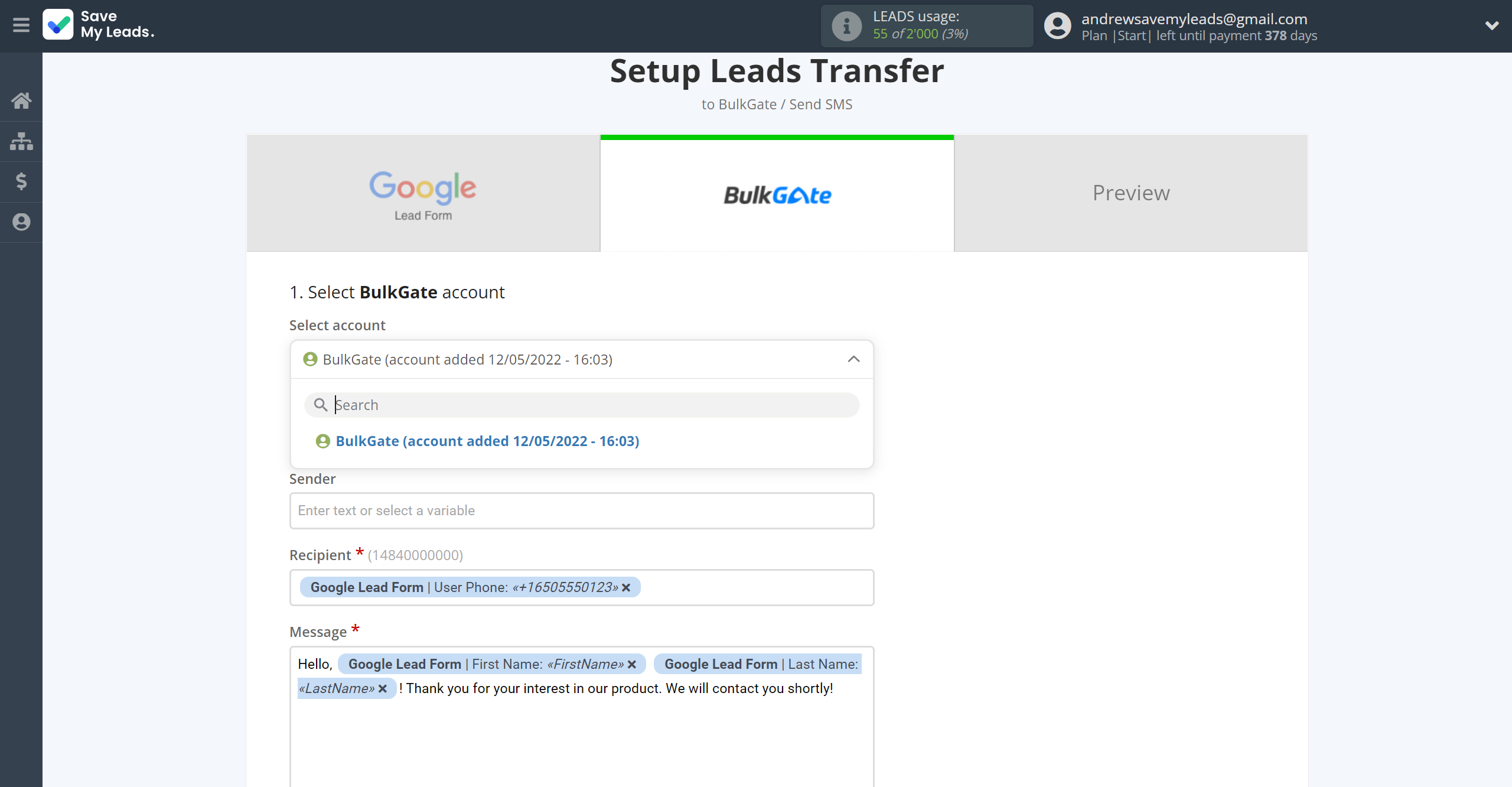 How to Connect Google Lead Form with BulkGate | Data Destination account selection How to Connect Google Lead Form with BulkGate | Data Destination account selection