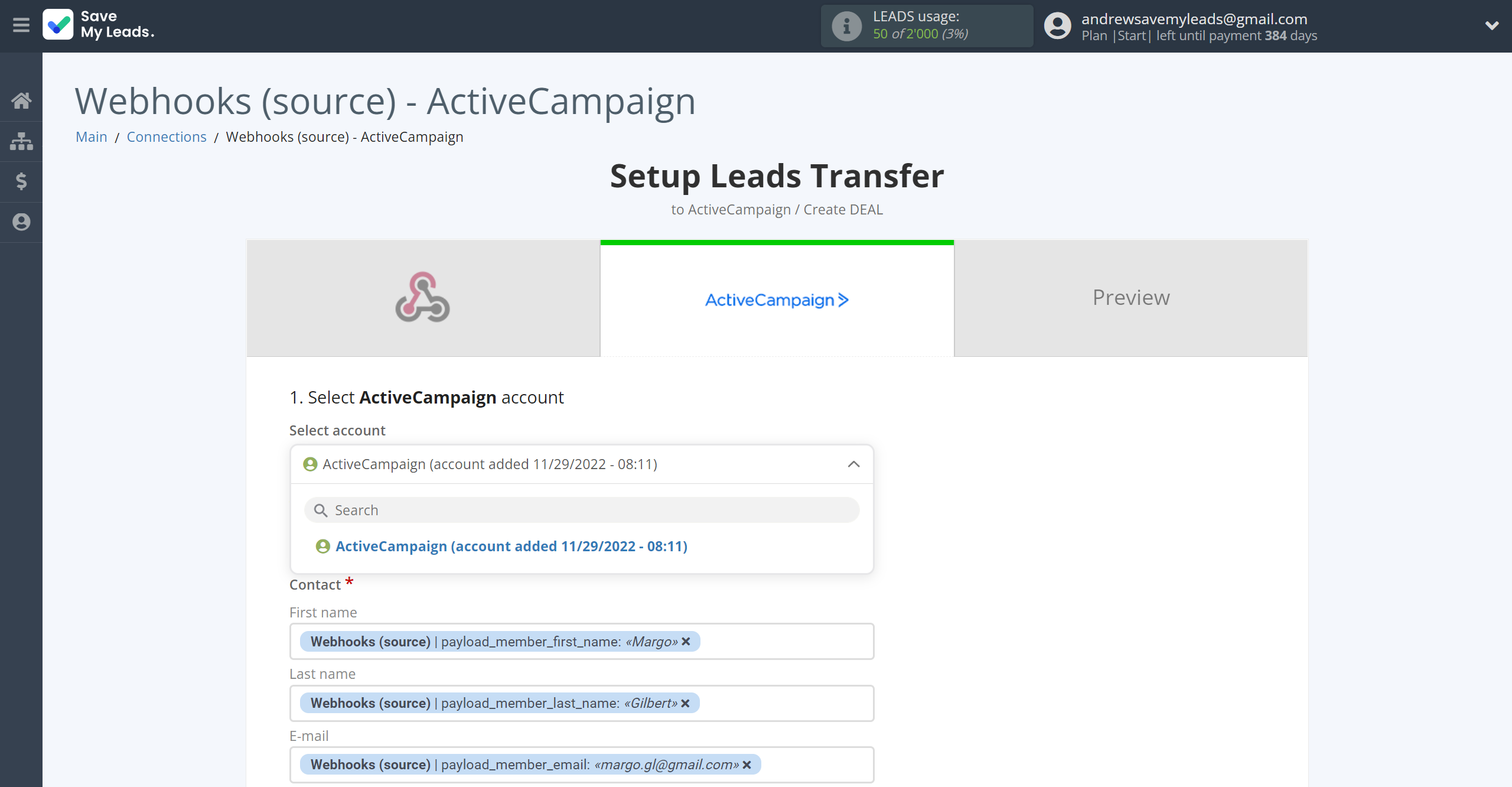 How to Connect Webhooks with ActiveCampaign Create Deal | Data Destination account selection How to Connect Webhooks with ActiveCampaign Create Deal | Data Destination account selection