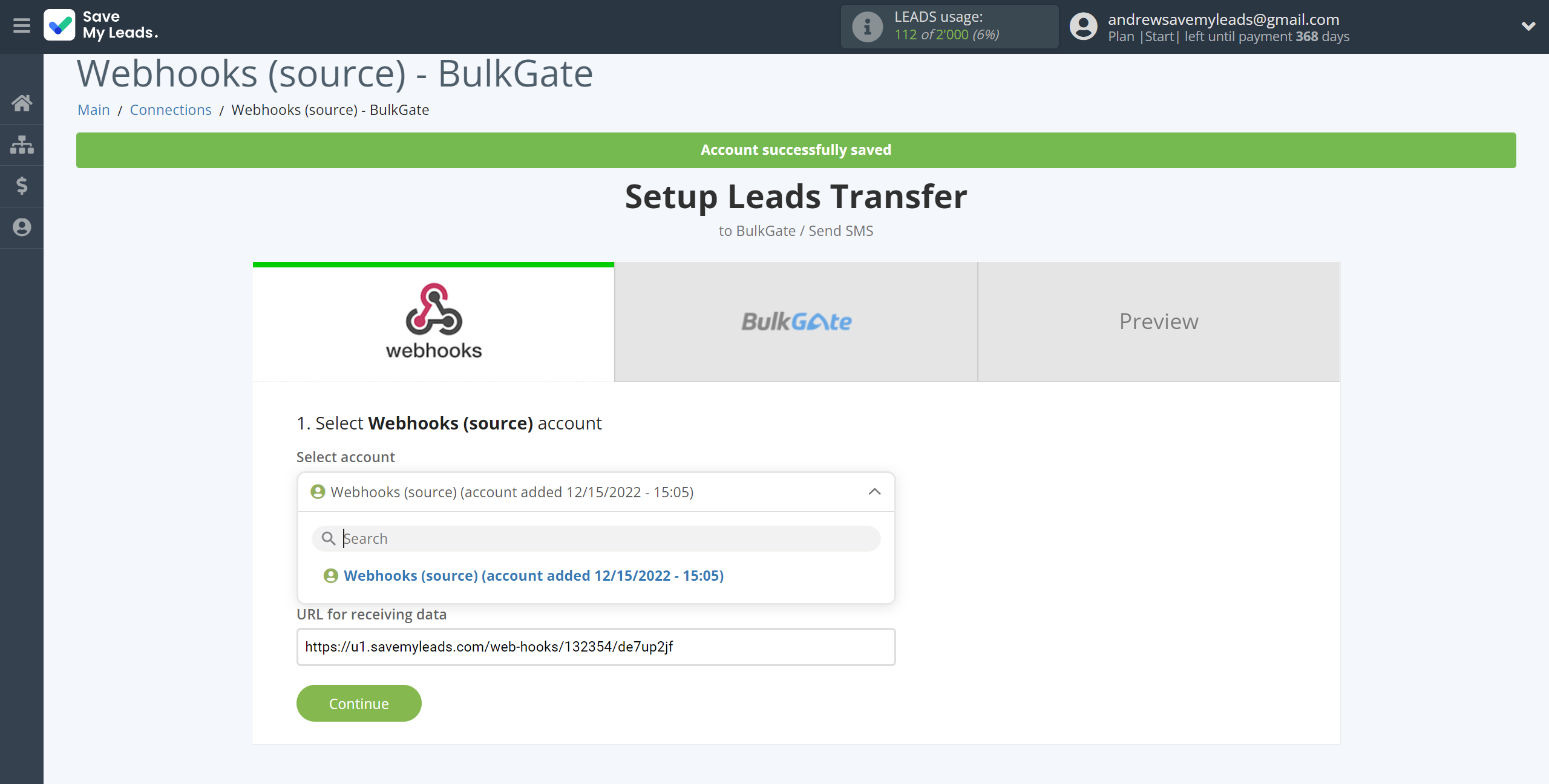 How to Connect Webhooks with BulkGate | Data Source account selection How to Connect Webhooks with BulkGate | Data Source account selection
