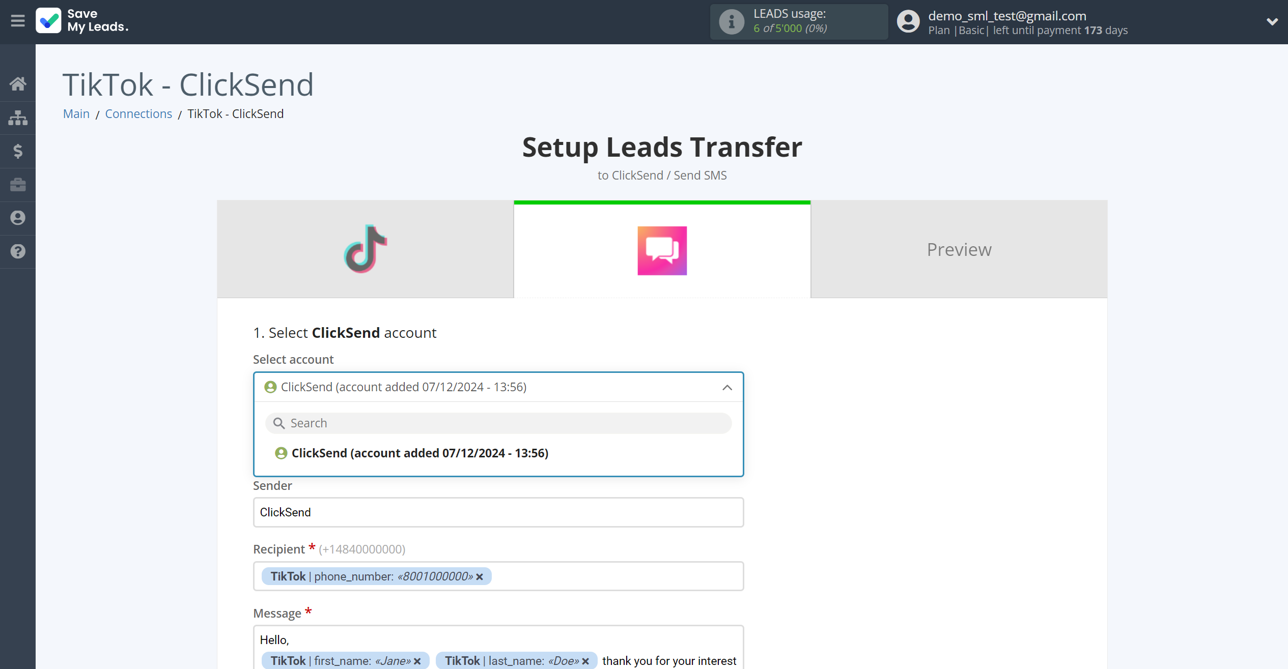 How to Connect TikTok with ClickSend Send SMS | Data Destination account selection How to Connect TikTok with ClickSend Send SMS | Data Destination account selection