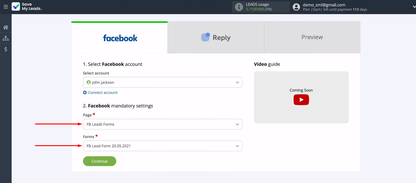 Facebook and Reply integration | Select page and form Facebook and Reply integration | Select page and form