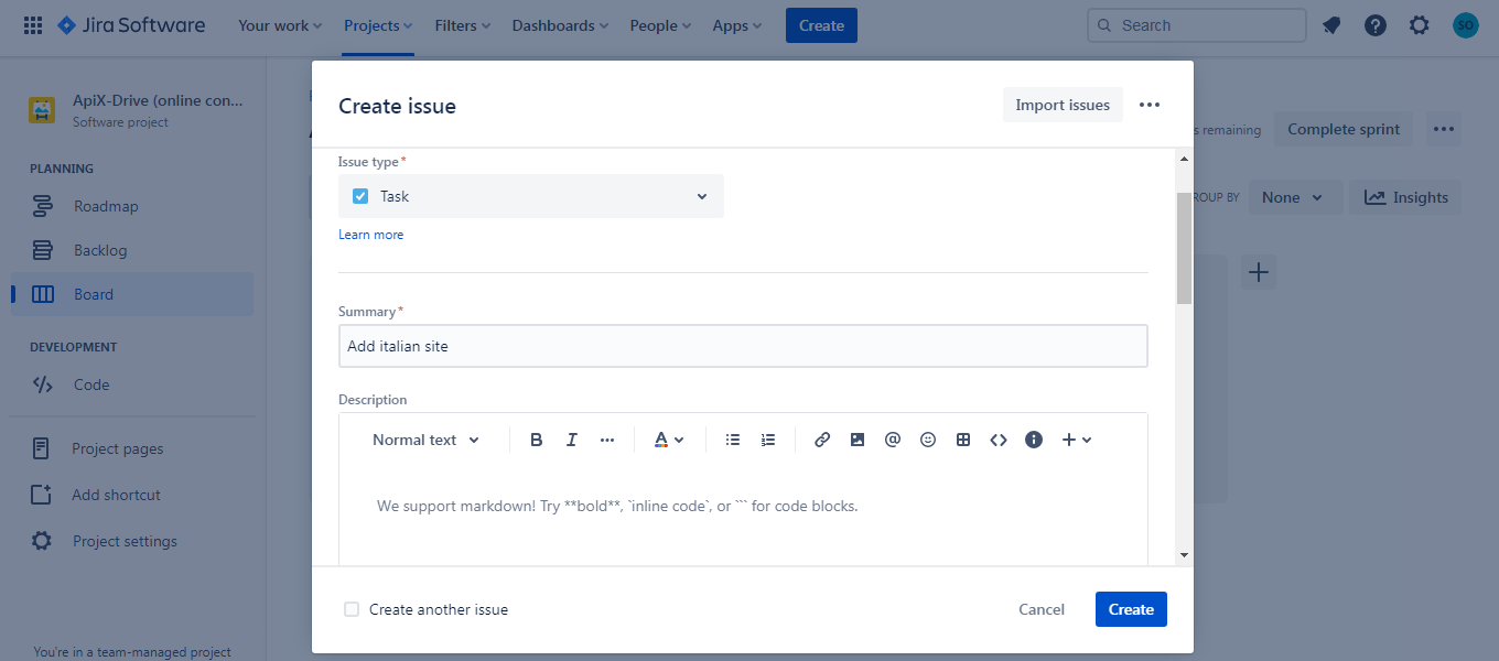 Jira Review | Form for adding a task Jira Review | Form for adding a task