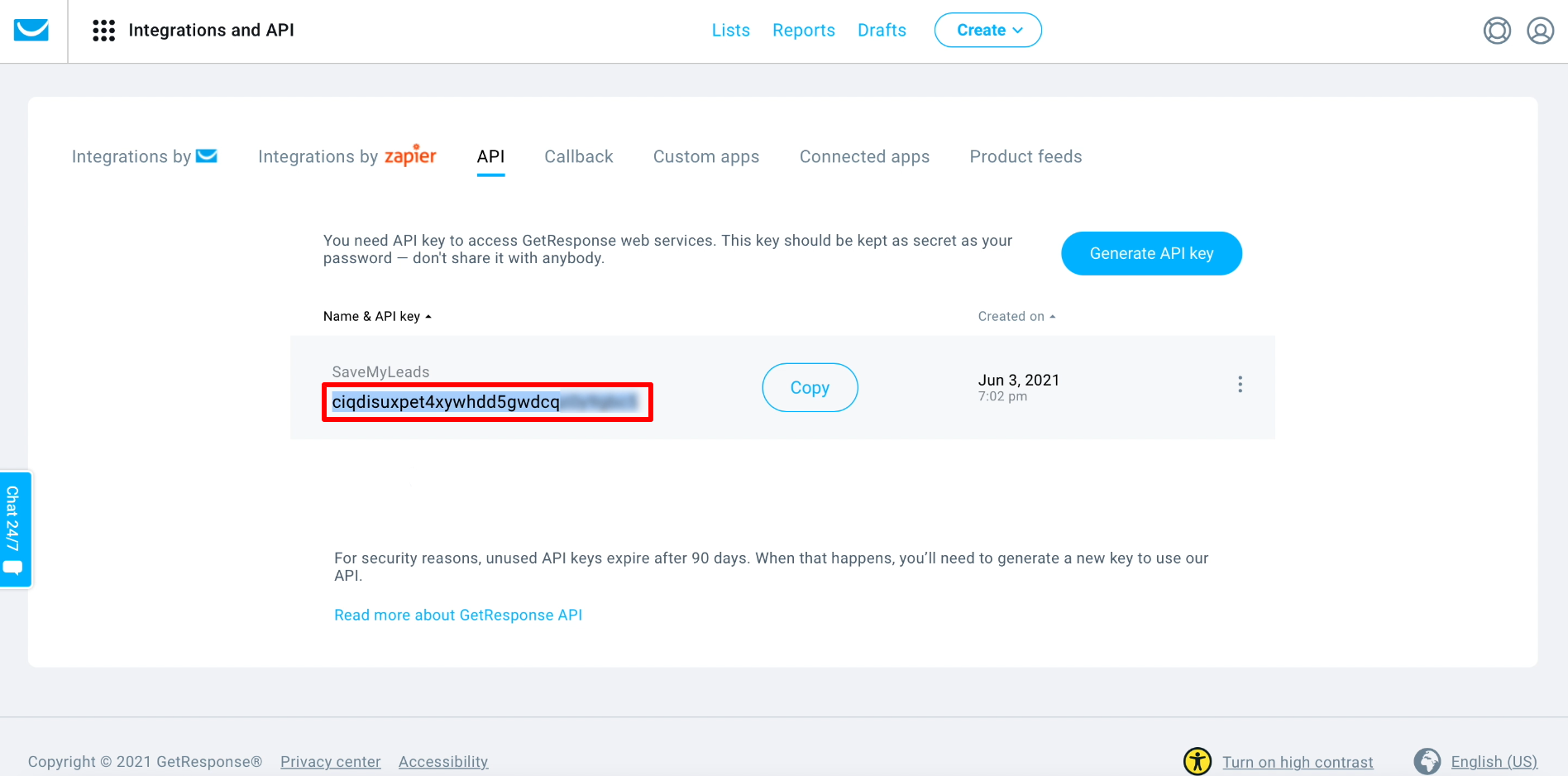 How To Set Up New Leads From Facebook To GetResponse | Copy the generated API key How To Set Up New Leads From Facebook To GetResponse | Copy the generated API key