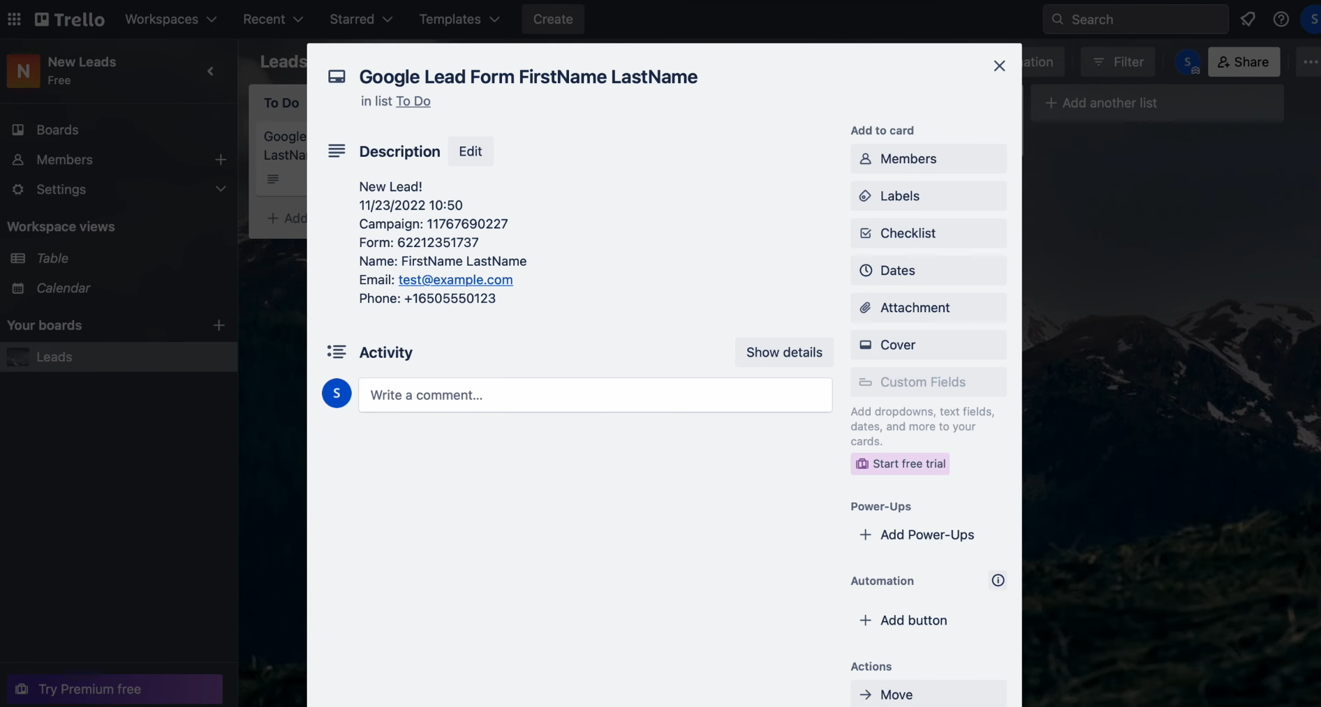 Google Lead Form and Trello integration | Result of transferred data Google Lead Form and Trello integration | Result of transferred data