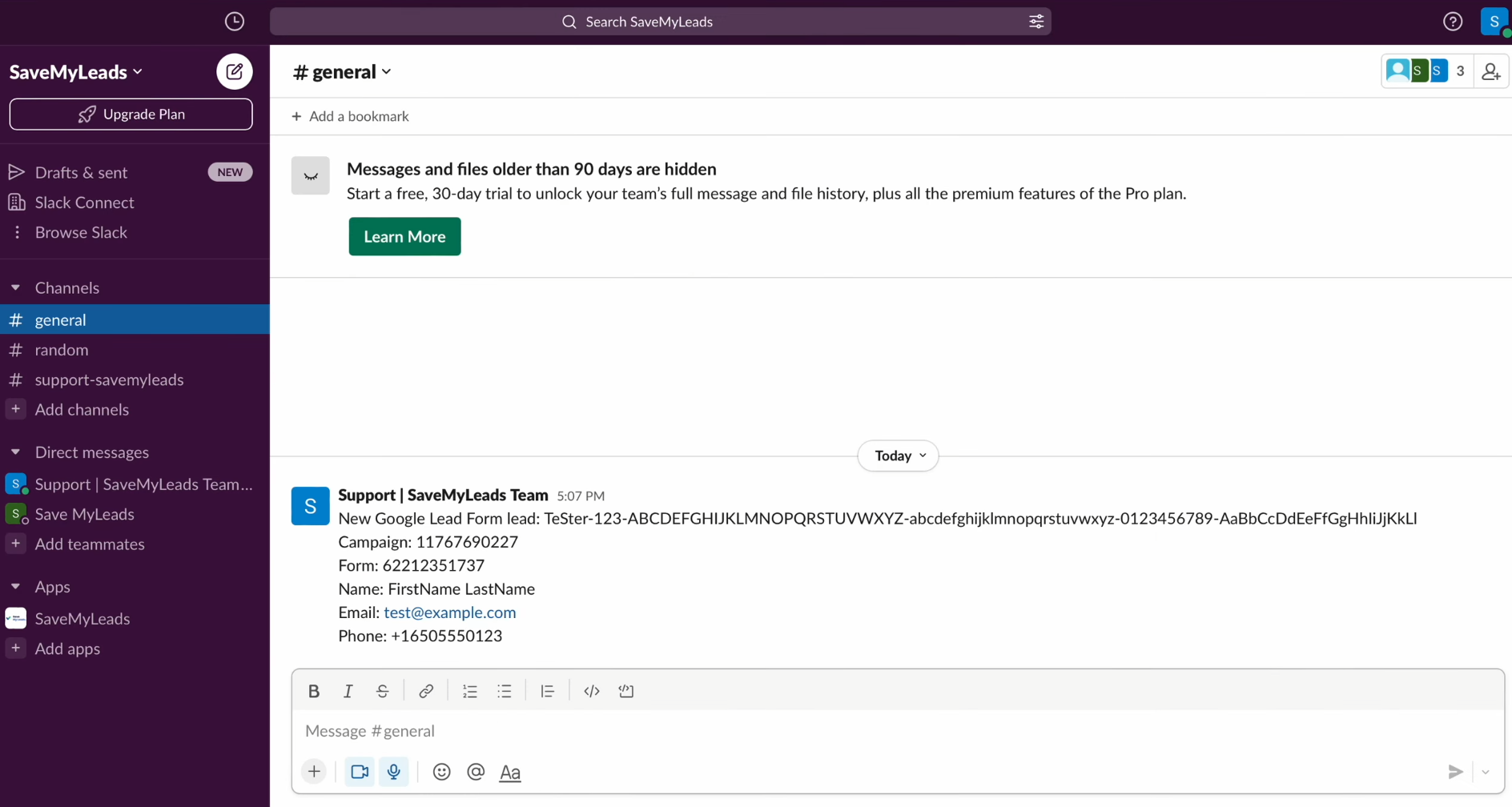Google Lead Form and Slack integration | Result of transferred data Google Lead Form and Slack integration | Result of transferred data