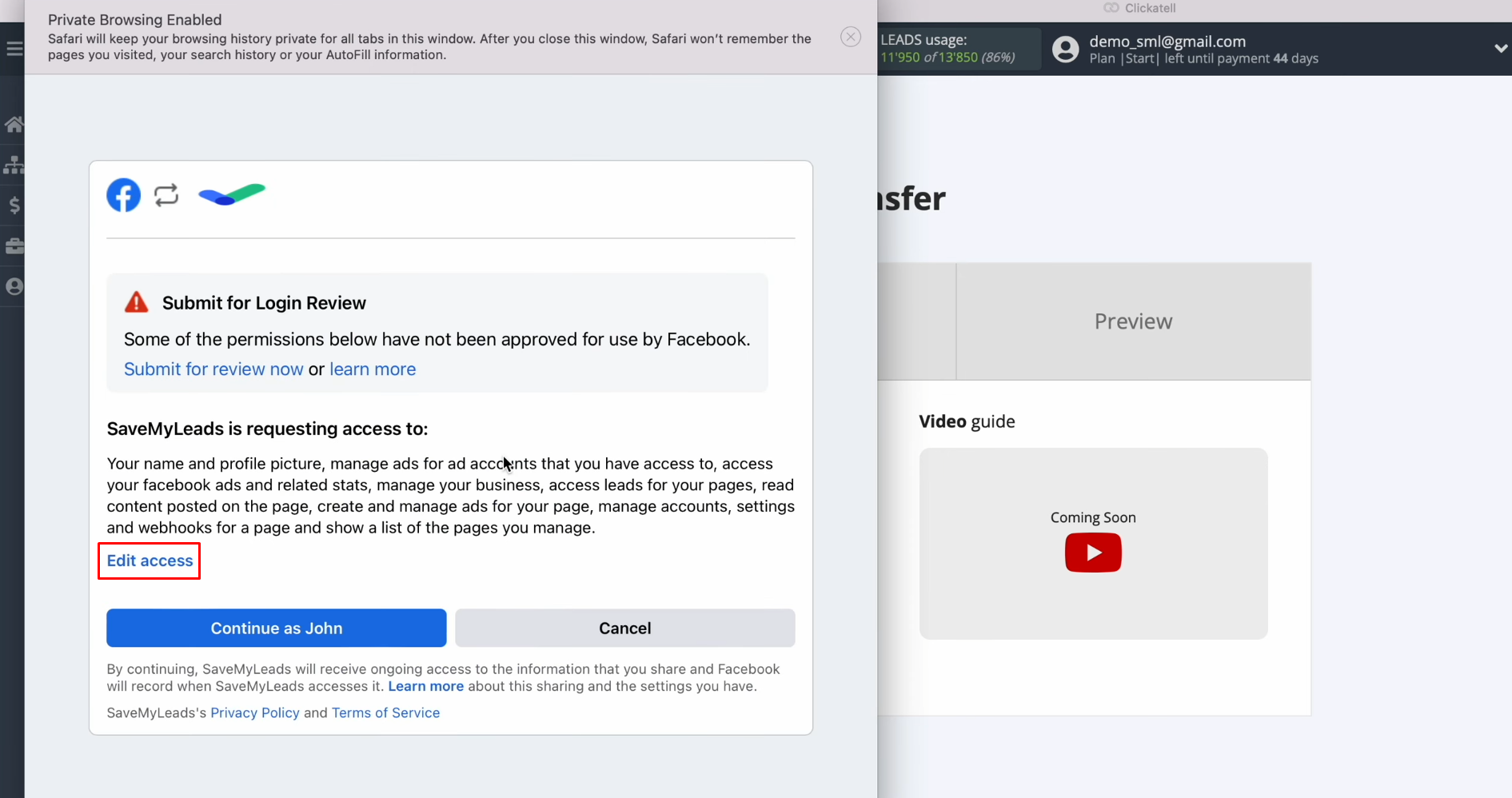 Facebook and Clickatell integration | Click “Edit access” Facebook and Clickatell integration | Click “Edit access”