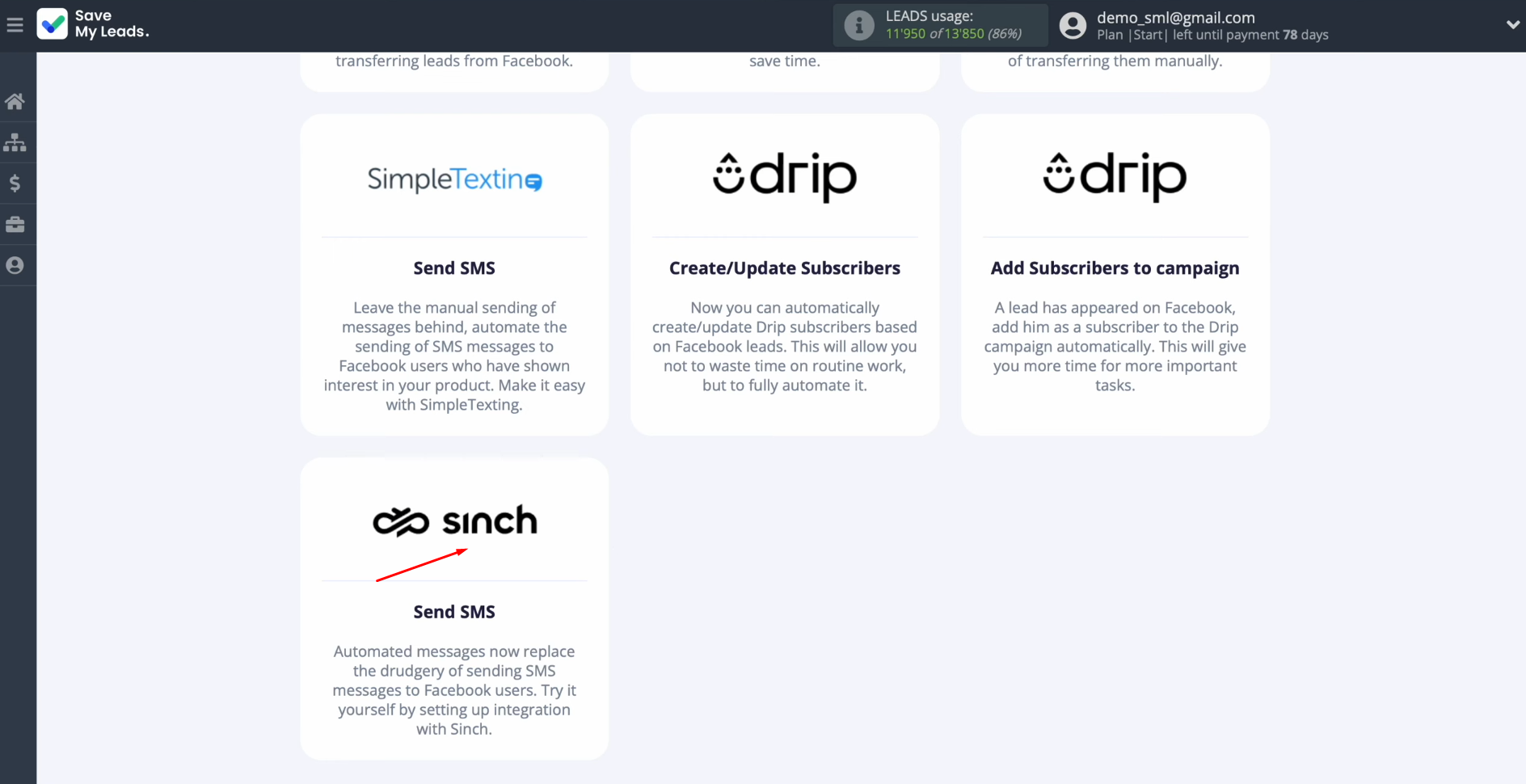 Facebook and Sinch integration | Select “Sinch Send SMS” Facebook and Sinch integration | Select “Sinch Send SMS”