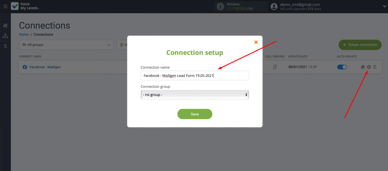 Facebook and Mailigen integration | Specify the connection name Facebook and Mailigen integration | Specify the connection name