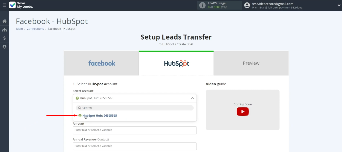 Facebook and HubSpot integration | Select the added HubSpot account Facebook and HubSpot integration | Select the added HubSpot account