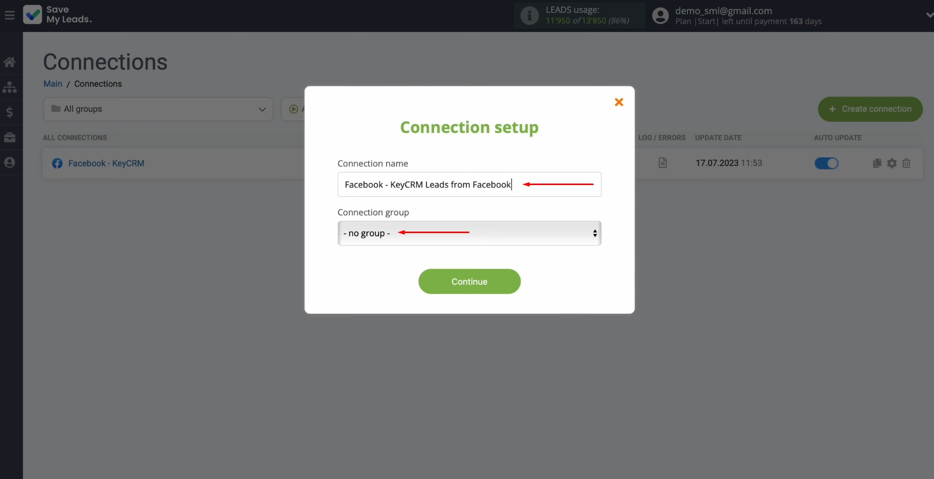 Facebook and KeyCRM integration | Change the connection name and add it to a group Facebook and KeyCRM integration | Change the connection name and add it to a group