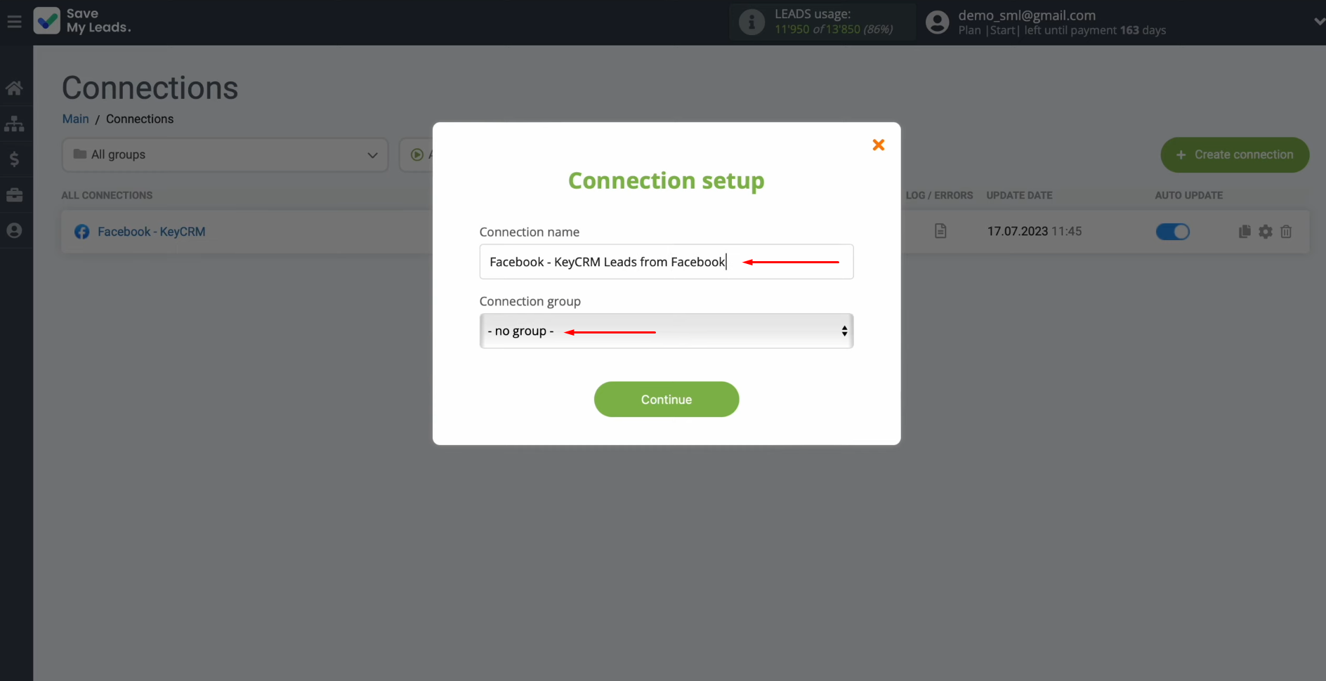 Facebook and KeyCRM integration | Change the connection name and add it to a group Facebook and KeyCRM integration | Change the connection name and add it to a group