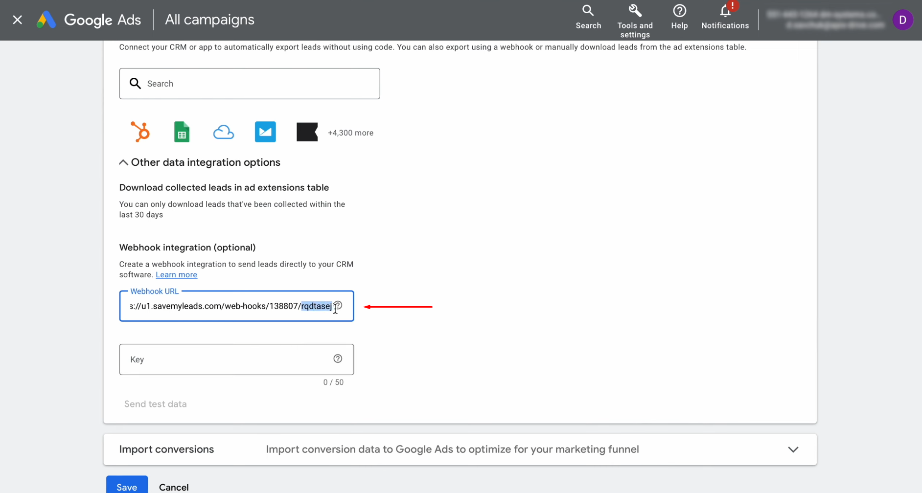 Google Lead Form and Sinch integration | Copy the last part of the SaveMyLeads URL Google Lead Form and Sinch integration | Copy the last part of the SaveMyLeads URL
