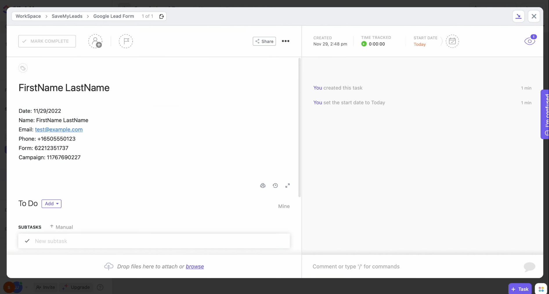 Google Ads Lead Form and ClickUp integration | Result of the data transfer to ClickUp Google Ads Lead Form and ClickUp integration | Result of the data transfer to ClickUp