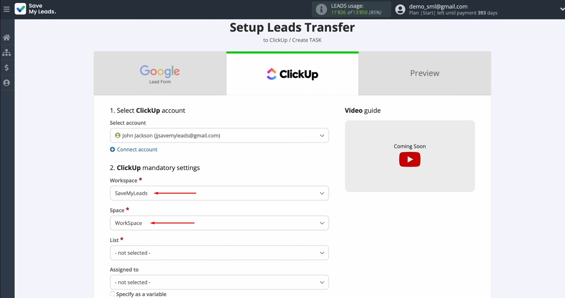 Google Ads Lead Form and ClickUp integration | Specify the workspace and space Google Ads Lead Form and ClickUp integration | Specify the workspace and space