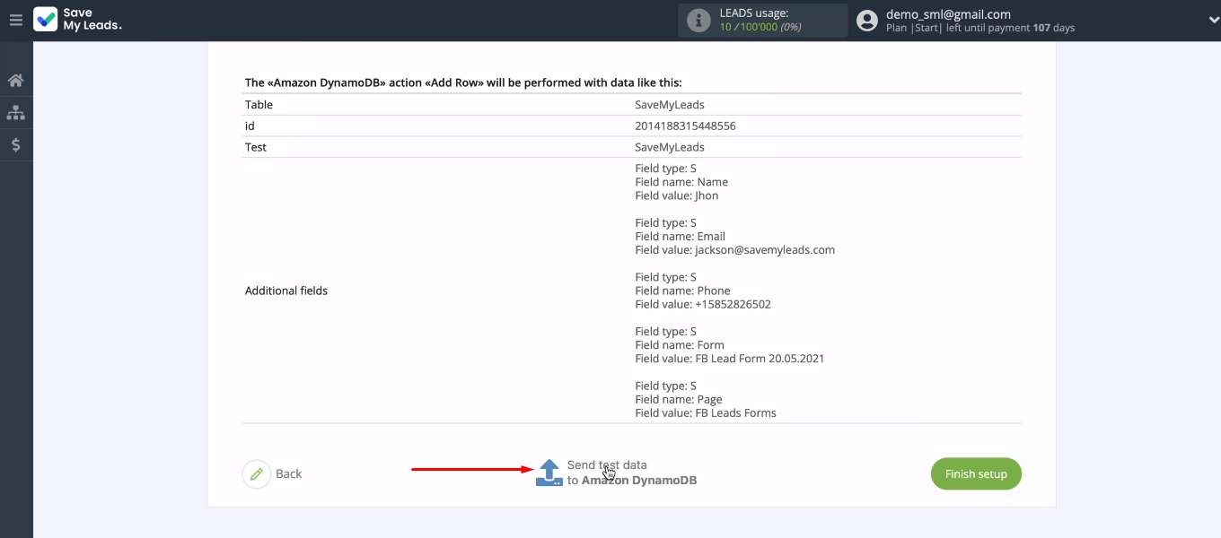 Facebook and Amazon DynamoDB integration | Send test data to Amazon DynamoDB Facebook and Amazon DynamoDB integration | Send test data to Amazon DynamoDB