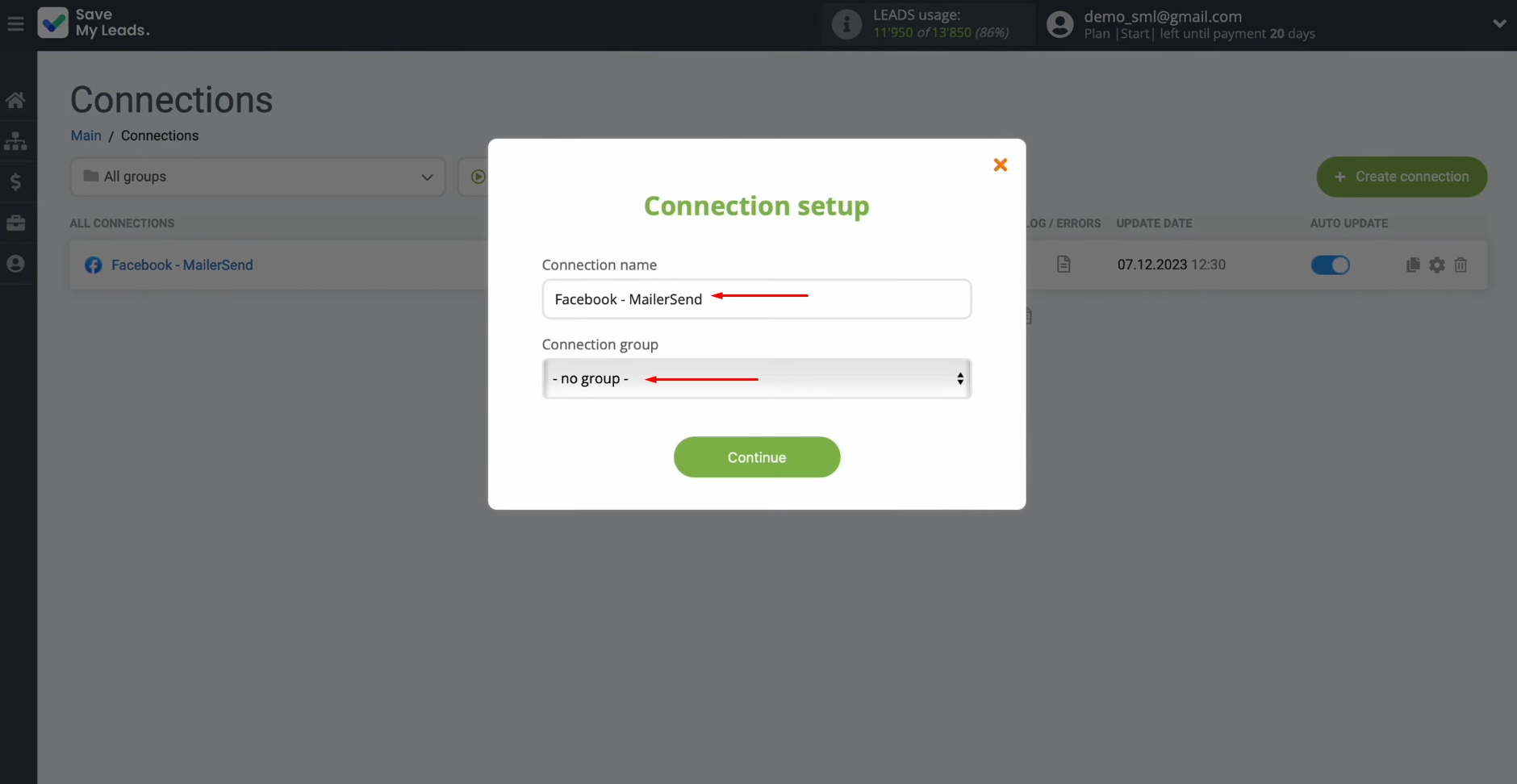 Facebook and MailerSend integration | Change the connection name, and add it to a group Facebook and MailerSend integration | Change the connection name, and add it to a group