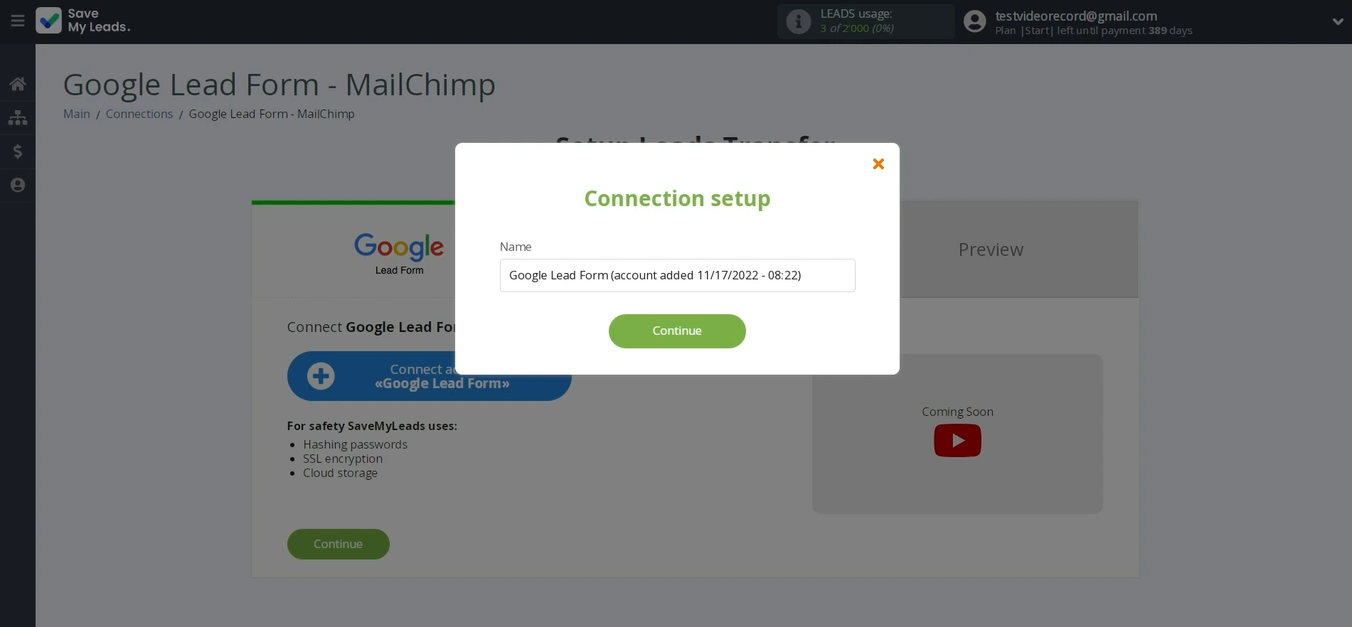 Google Lead Form and Mailchimp integration | Give a name to the connection, or just click "Continue" Google Lead Form and Mailchimp integration | Give a name to the connection, or just click "Continue"