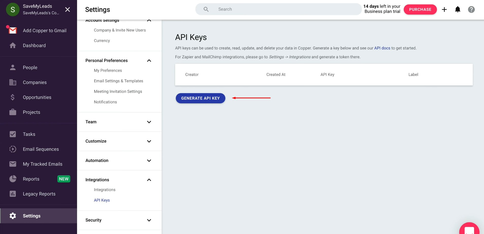 Facebook and Copper integration | Generate a new API key Facebook and Copper integration | Generate a new API key
