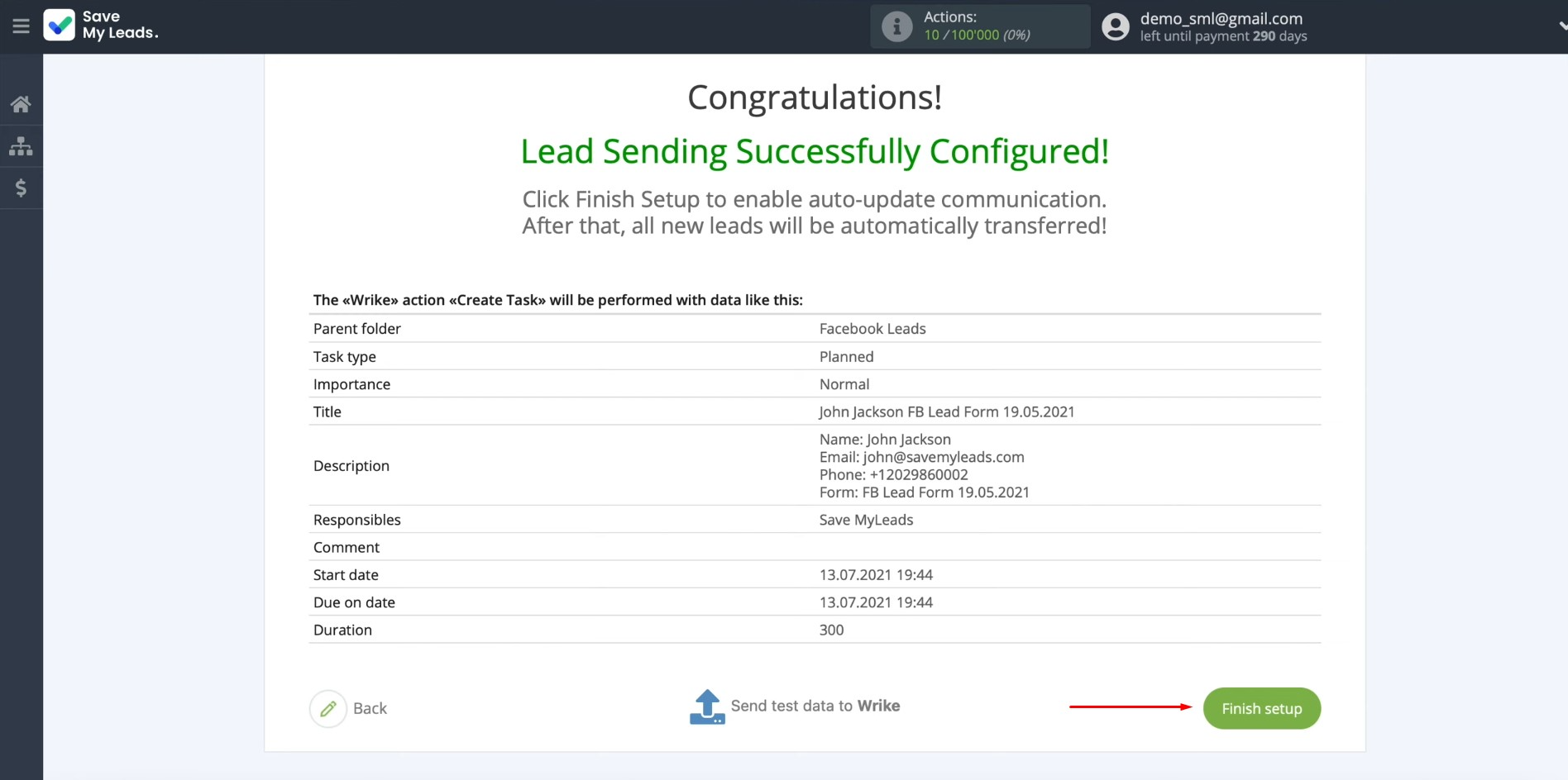 Facebook and Wrike integration | Click “Finish setup” Facebook and Wrike integration | Click “Finish setup”