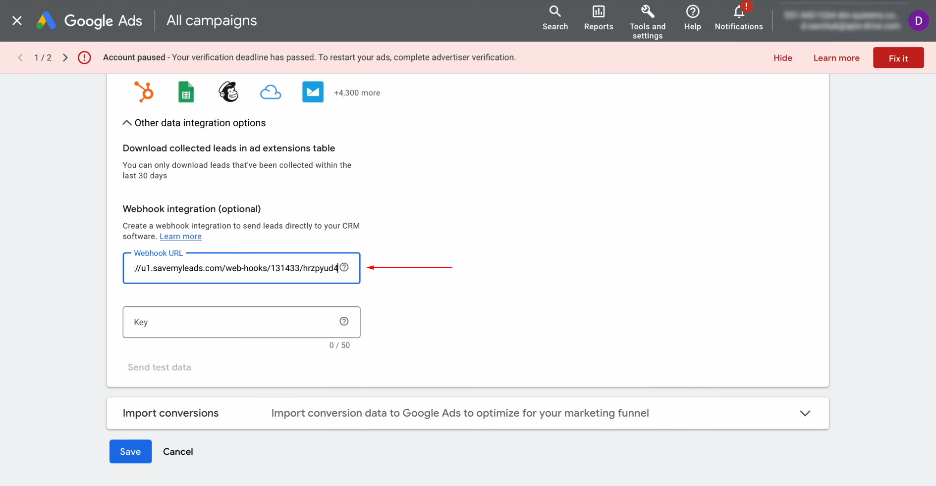 Google Ads Lead Form and Notion integration | Paste the copied URL into the correct field in SaveMyLeads Google Ads Lead Form and Notion integration | Paste the copied URL into the correct field in SaveMyLeads
