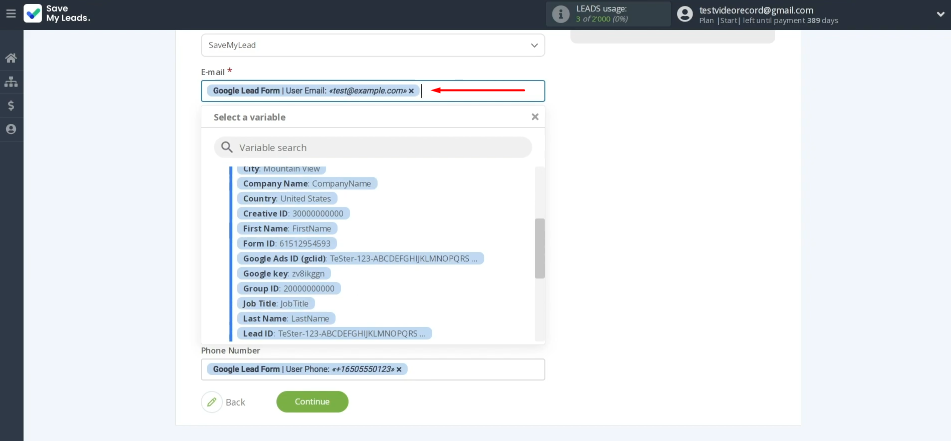 Google Lead Form and Mailchimp integration | You can add variables from the drop-down list Google Lead Form and Mailchimp integration | You can add variables from the drop-down list