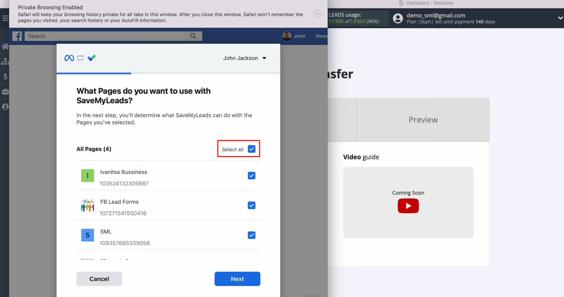 Sendlane and Facebook integration | Select all advertising pages Sendlane and Facebook integration | Select all advertising pages