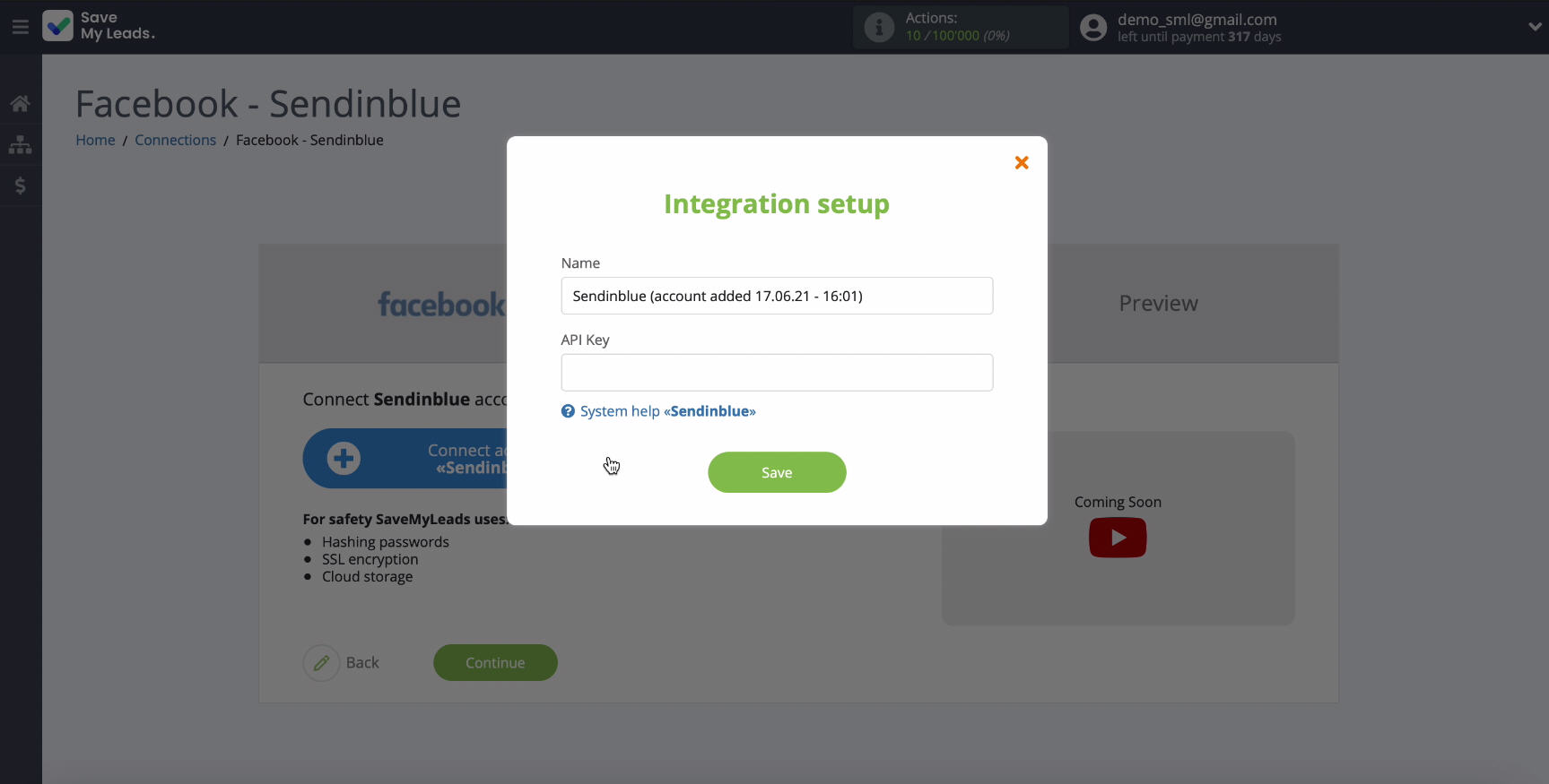 Facebook and Sendinblue integration | Window for entering key Facebook and Sendinblue integration | Window for entering key