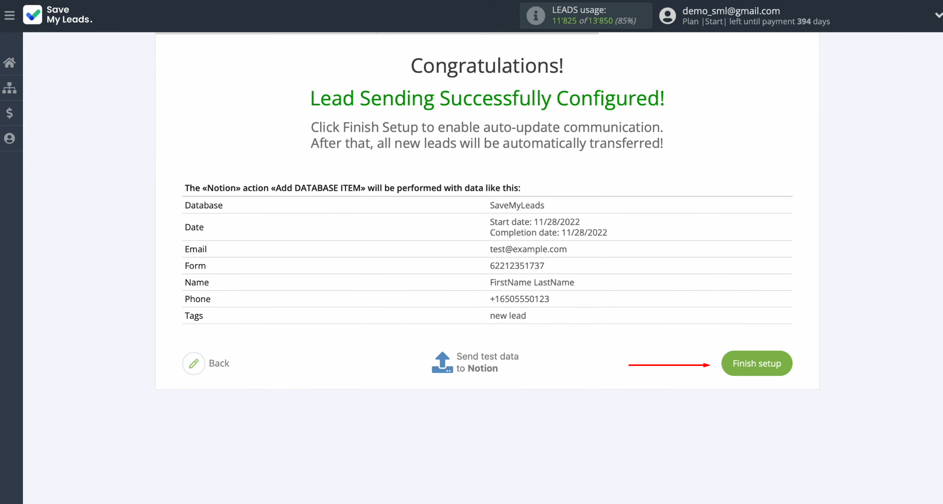 Google Ads Lead Form and Notion integration | Click “Finish setup” to enable auto-update Google Ads Lead Form and Notion integration | Click “Finish setup” to enable auto-update