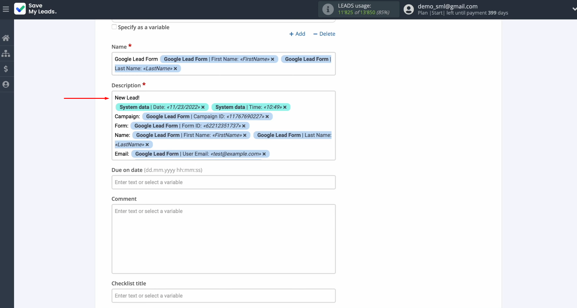 Google Lead Form and Trello integration | You can use not only variables but also manually enter values Google Lead Form and Trello integration | You can use not only variables but also manually enter values