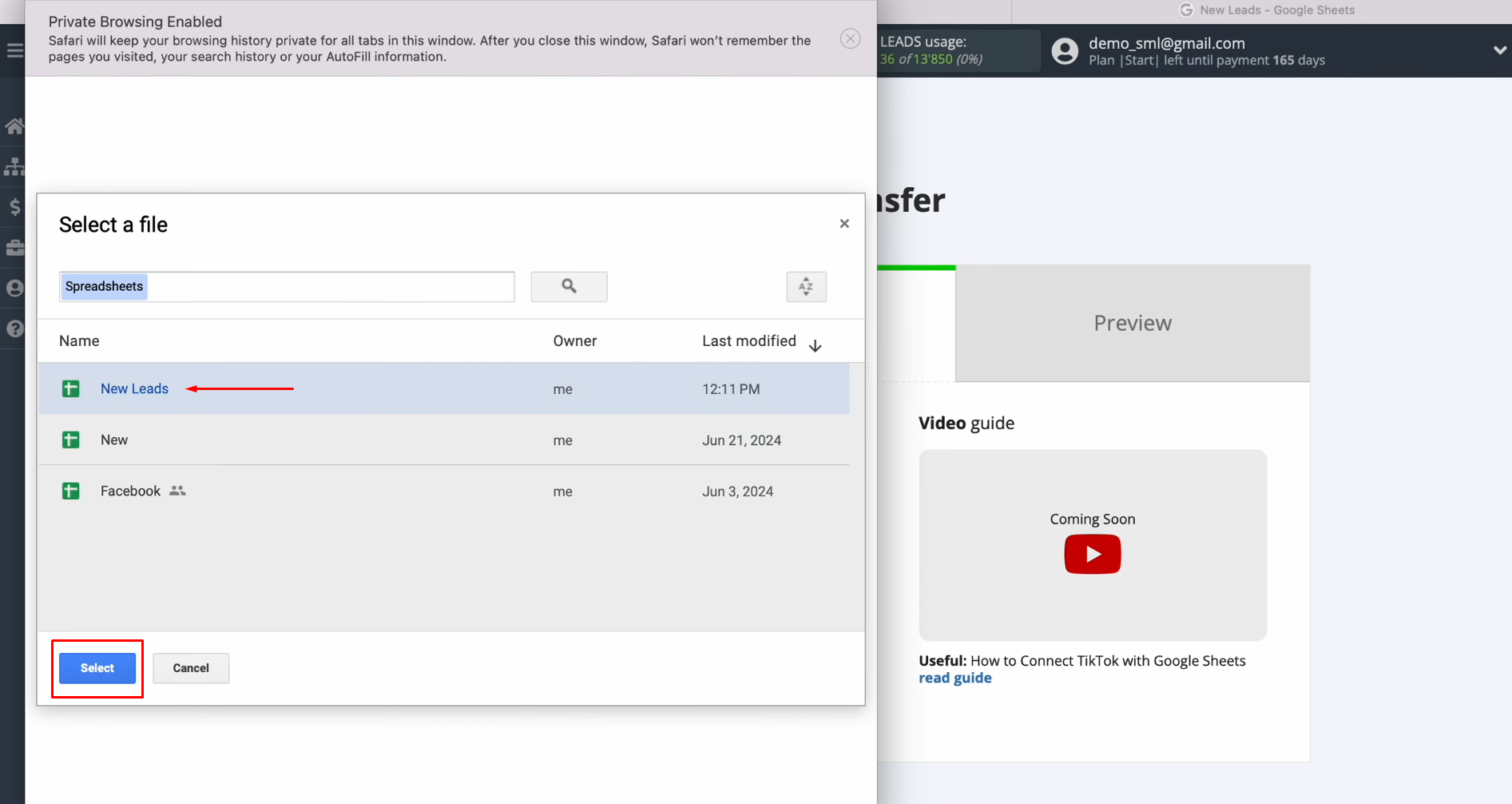 TikTok and Google Sheets integration | Select the file TikTok and Google Sheets integration | Select the file
