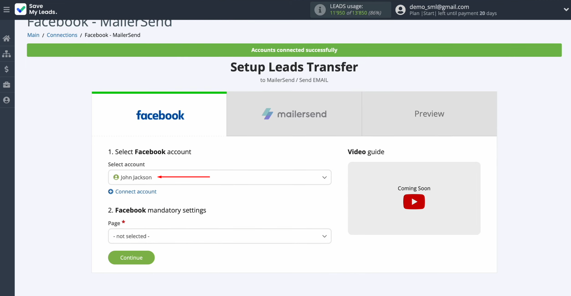 Facebook and MailerSend integration | Select the connected account Facebook and MailerSend integration | Select the connected account