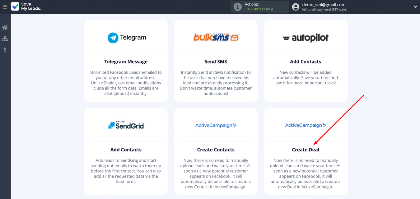Facebook and ActiveCampaign integration | Select the template “ActiveCampaign (Create Deal)” Facebook and ActiveCampaign integration | Select the template “ActiveCampaign (Create Deal)”