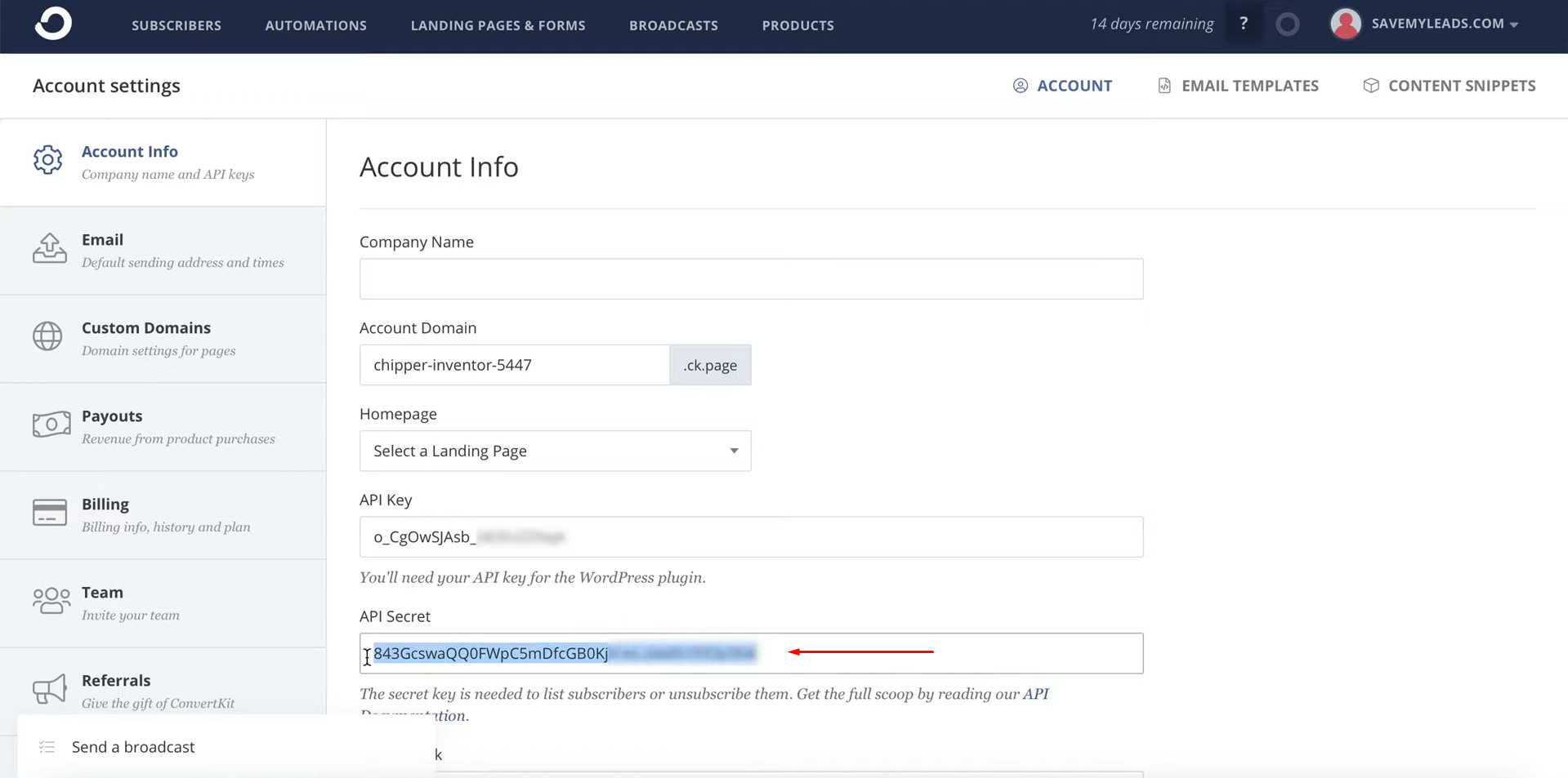 Facebook and ConvertKit integration | Copy the API secret Facebook and ConvertKit integration | Copy the API secret