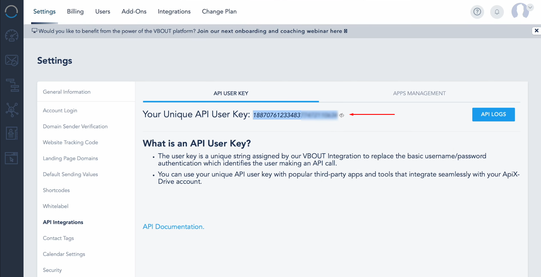 Vbout and Google Leads integration | Copy the API key Vbout and Google Leads integration | Copy the API key
