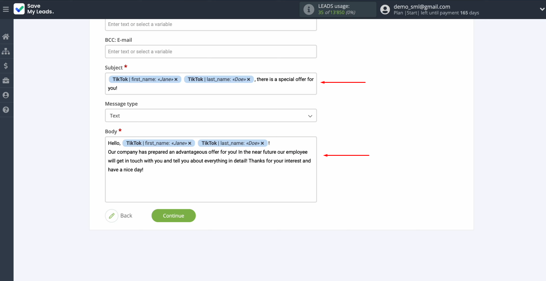 TikTok and Gmail integration | Use variables from the drop-down list and enter data manually TikTok and Gmail integration | Use variables from the drop-down list and enter data manually