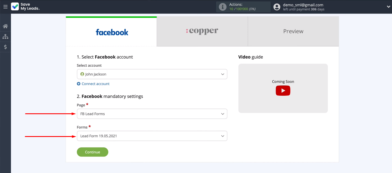 Facebook and Copper integration | Define the required parameters Facebook and Copper integration | Define the required parameters