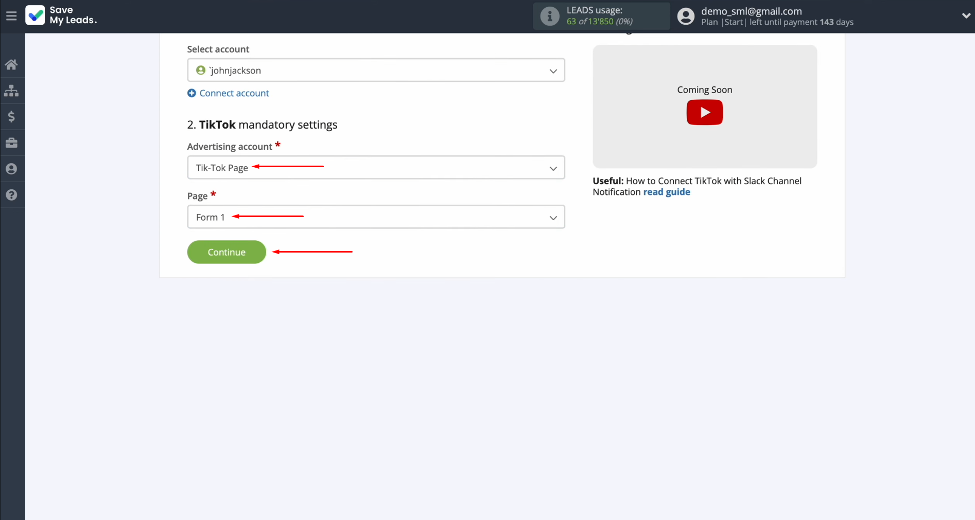 TikTok and Slack integration | Choose the advertising page and form you want to use TikTok and Slack integration | Choose the advertising page and form you want to use