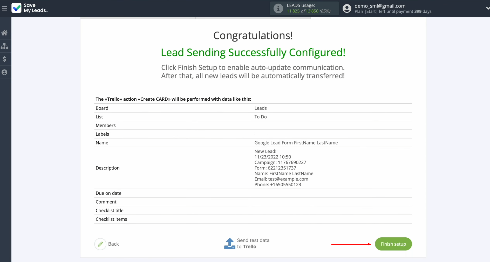 Google Lead Form and Trello integration | Click “Finish setup” to enable auto-update of the connection Google Lead Form and Trello integration | Click “Finish setup” to enable auto-update of the connection