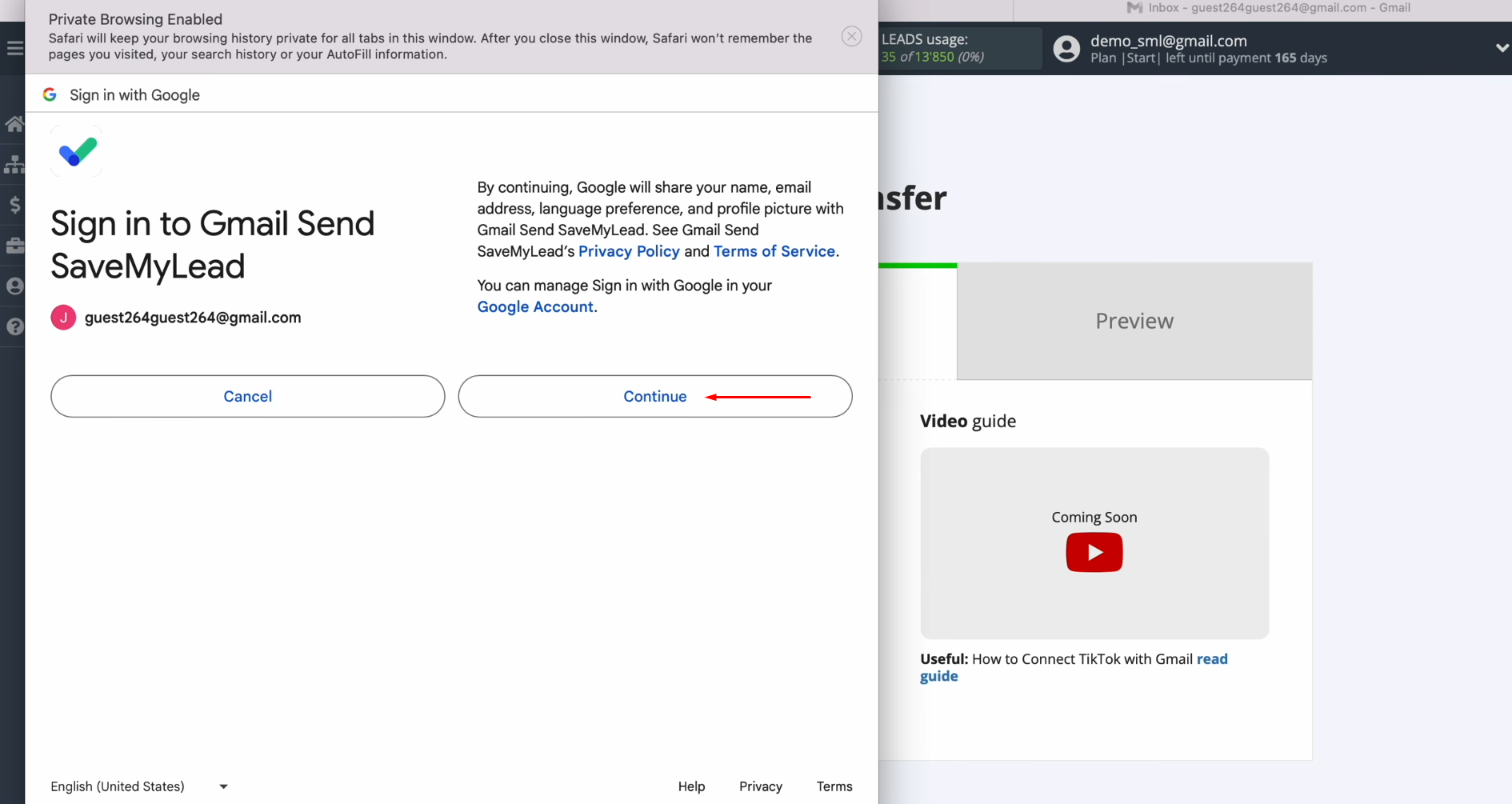 TikTok and Gmail integration | Click “Continue” TikTok and Gmail integration | Click “Continue”