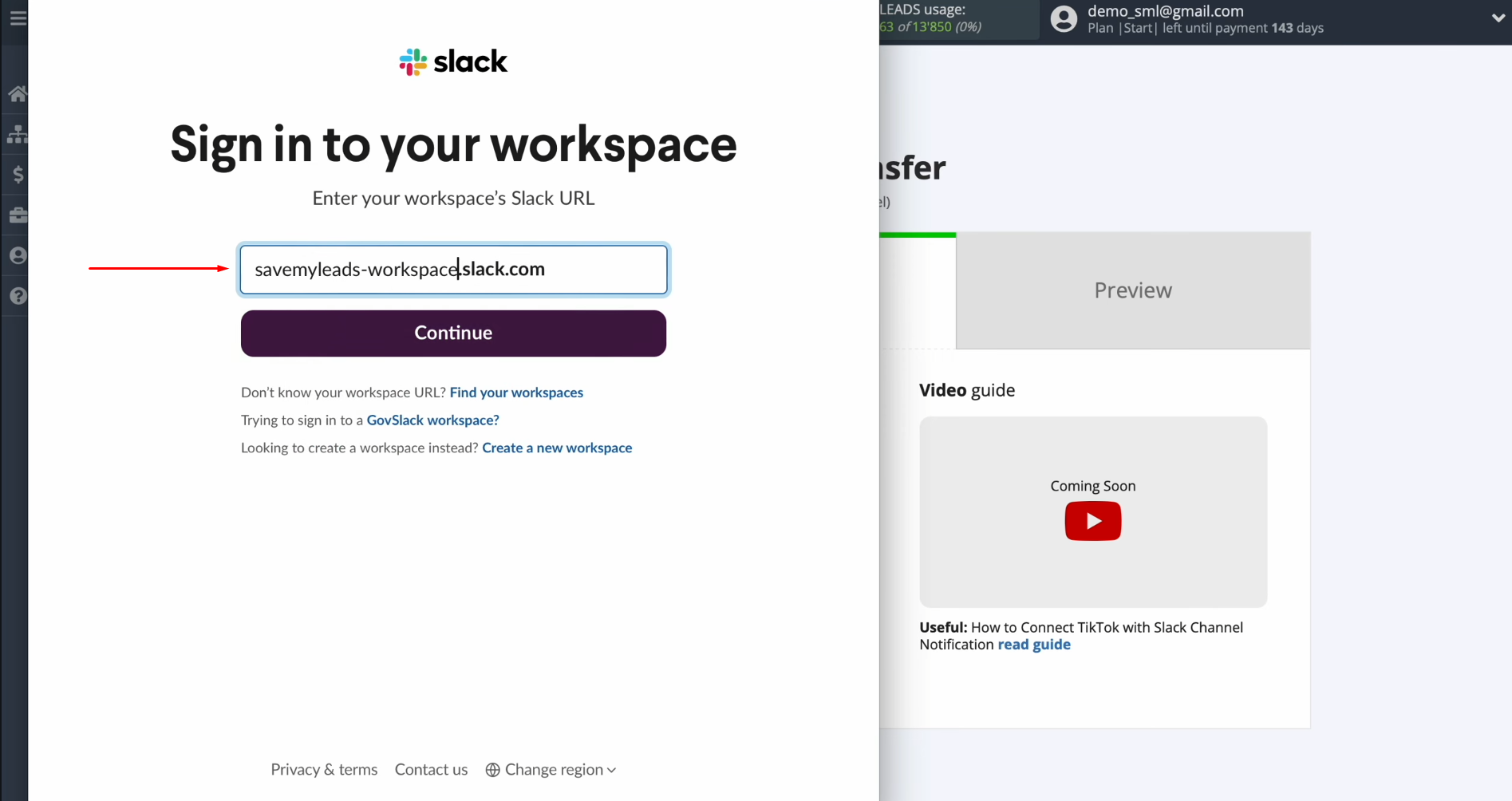 TikTok and Slack integration | Paste the copied workspace into the provided field TikTok and Slack integration | Paste the copied workspace into the provided field