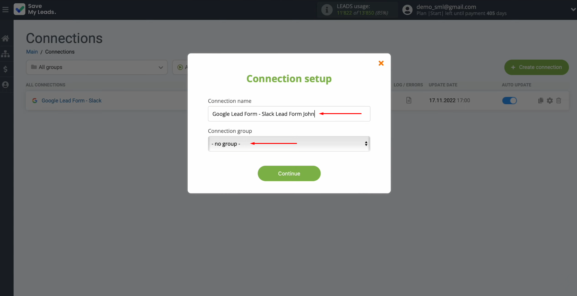 Google Lead Form and Slack integration | Change the connection name and add it to the group Google Lead Form and Slack integration | Change the connection name and add it to the group