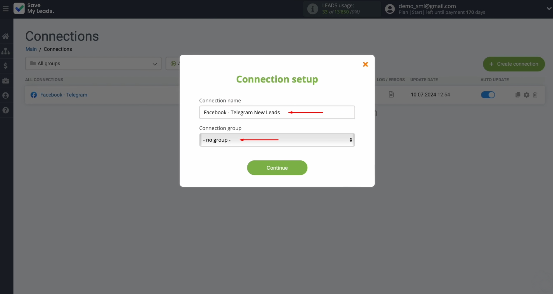 Facebook and Telegram integration | You can change the connection name and add it to a group Facebook and Telegram integration | You can change the connection name and add it to a group
