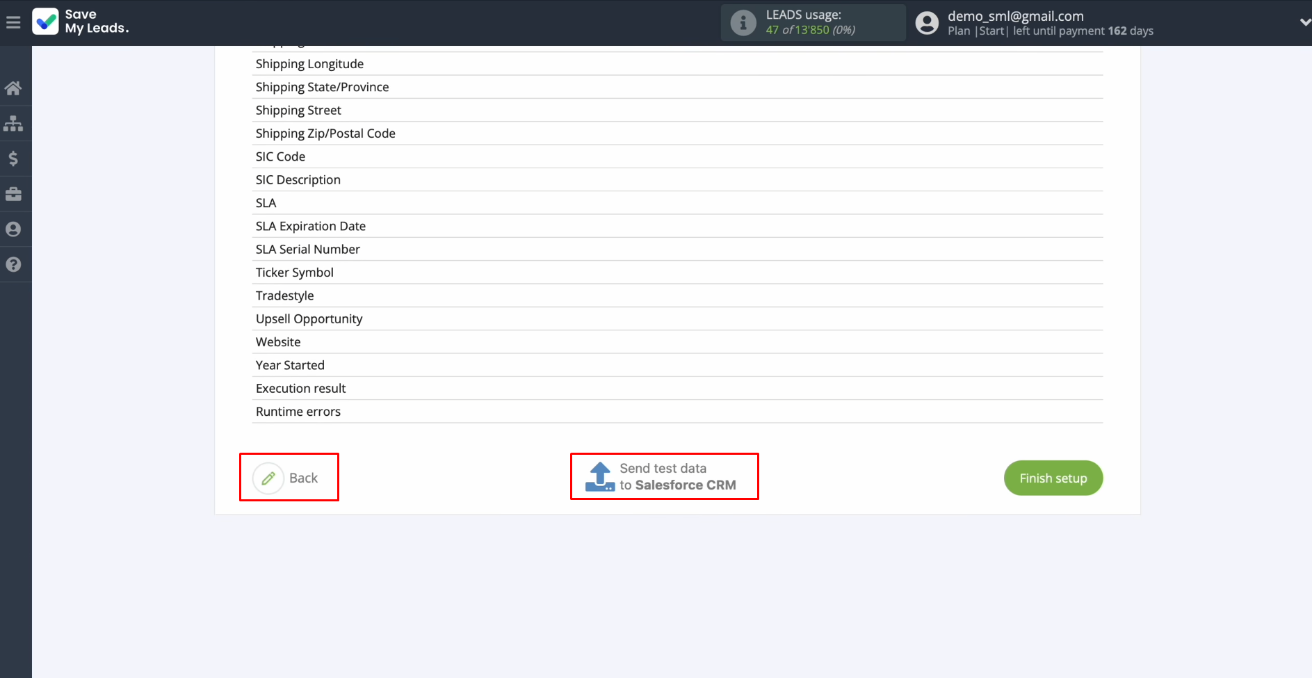Click "Send test data to Salesforce CRM" Click "Send test data to Salesforce CRM"