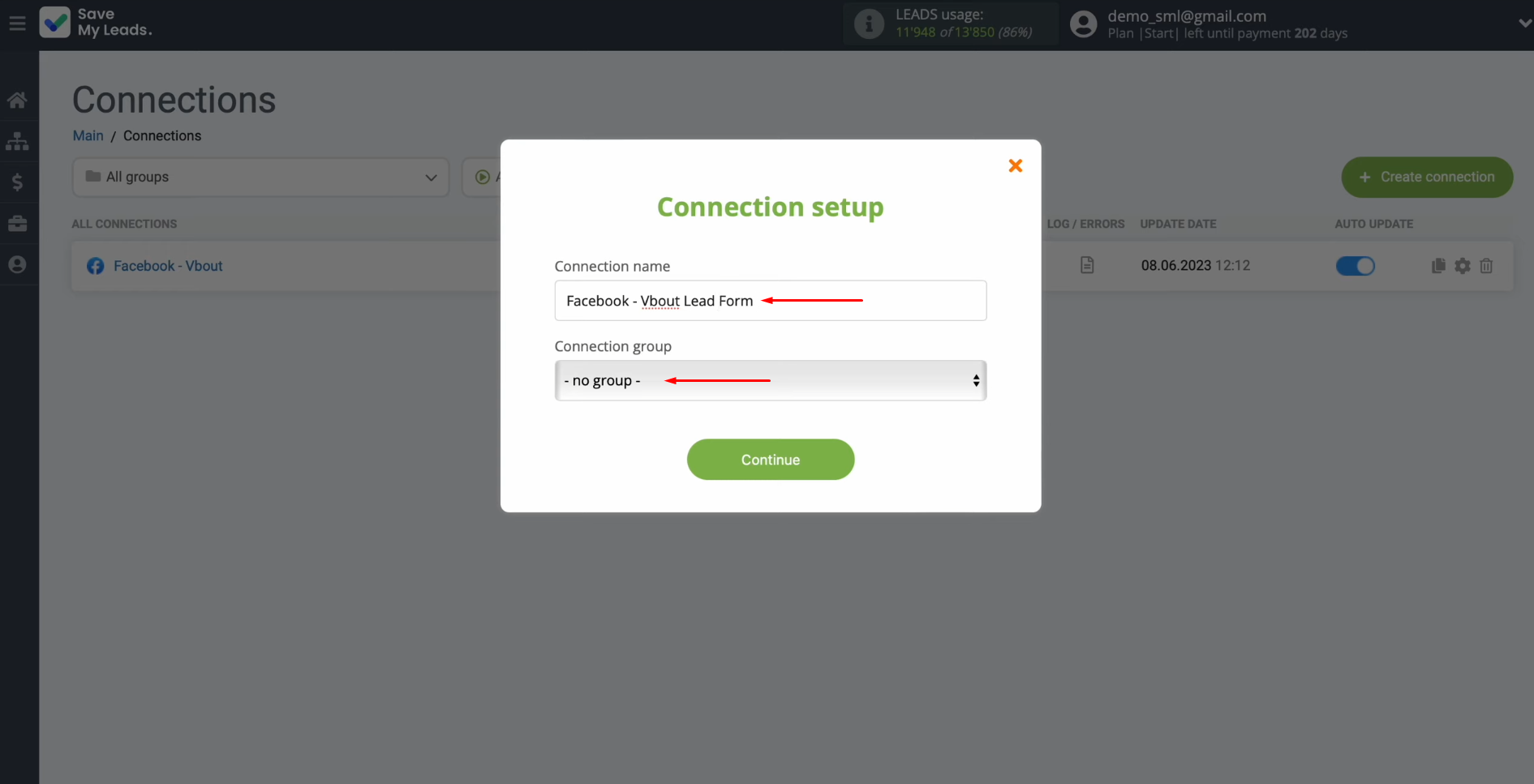 Facebook and Vbout integration | Change the connection name and add it to a group Facebook and Vbout integration | Change the connection name and add it to a group